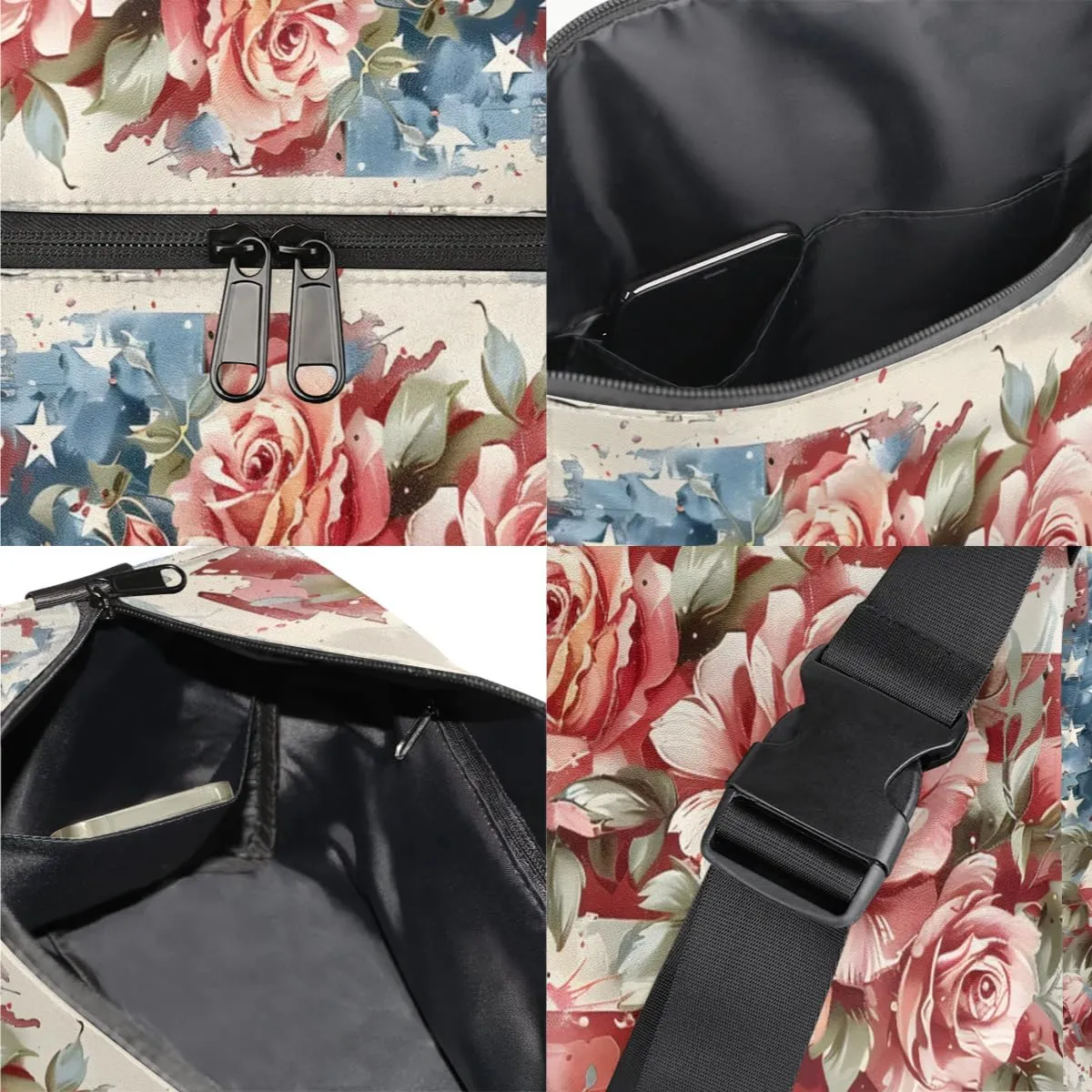 Gym Bags for Men 14.8 Inch Lightweight Carry On Bags for Airplanes Waterproof Duffle Bag for Travel, America Flag Flora Prints