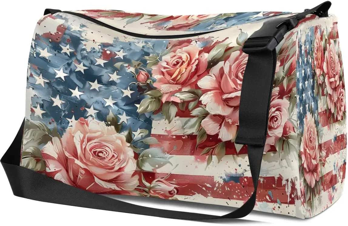 Gym Bags for Men 14.8 Inch Lightweight Carry On Bags for Airplanes Waterproof Duffle Bag for Travel, America Flag Flora Prints