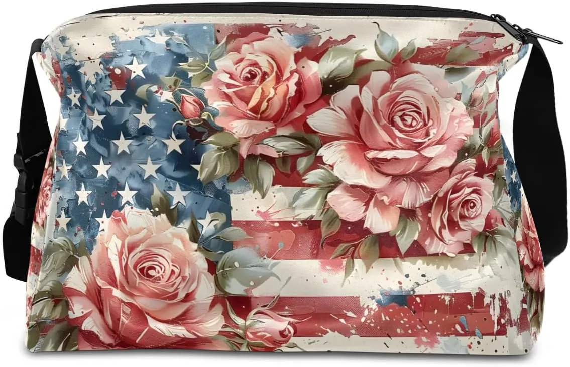 Gym Bags for Men 14.8 Inch Lightweight Carry On Bags for Airplanes Waterproof Duffle Bag for Travel, America Flag Flora Prints