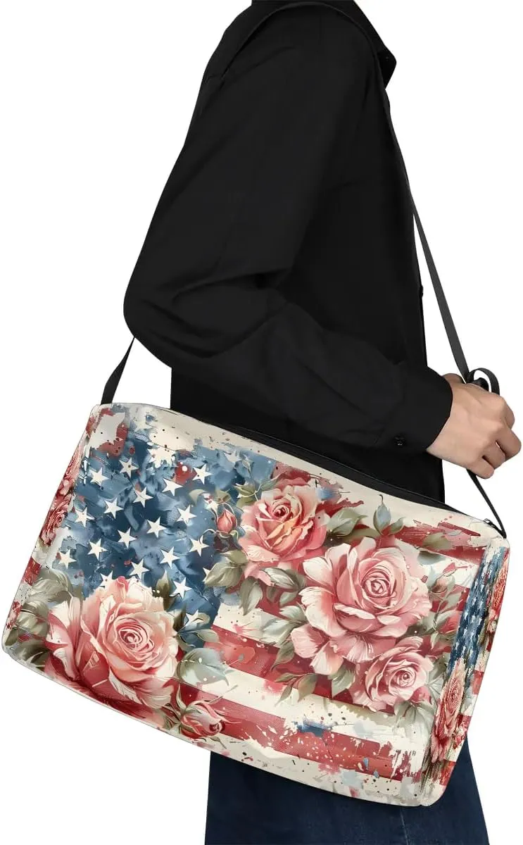 Gym Bags for Men 14.8 Inch Lightweight Carry On Bags for Airplanes Waterproof Duffle Bag for Travel, America Flag Flora Prints