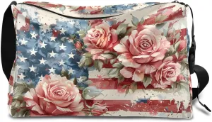 Gym Bags for Men 14.8 Inch Lightweight Carry On Bags for Airplanes Waterproof Duffle Bag for Travel, America Flag Flora Prints