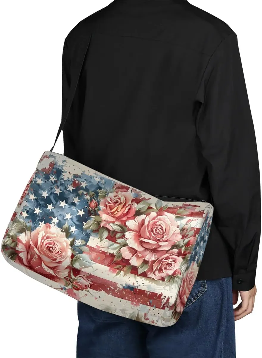 Gym Bags for Men 14.8 Inch Lightweight Carry On Bags for Airplanes Waterproof Duffle Bag for Travel, America Flag Flora Prints