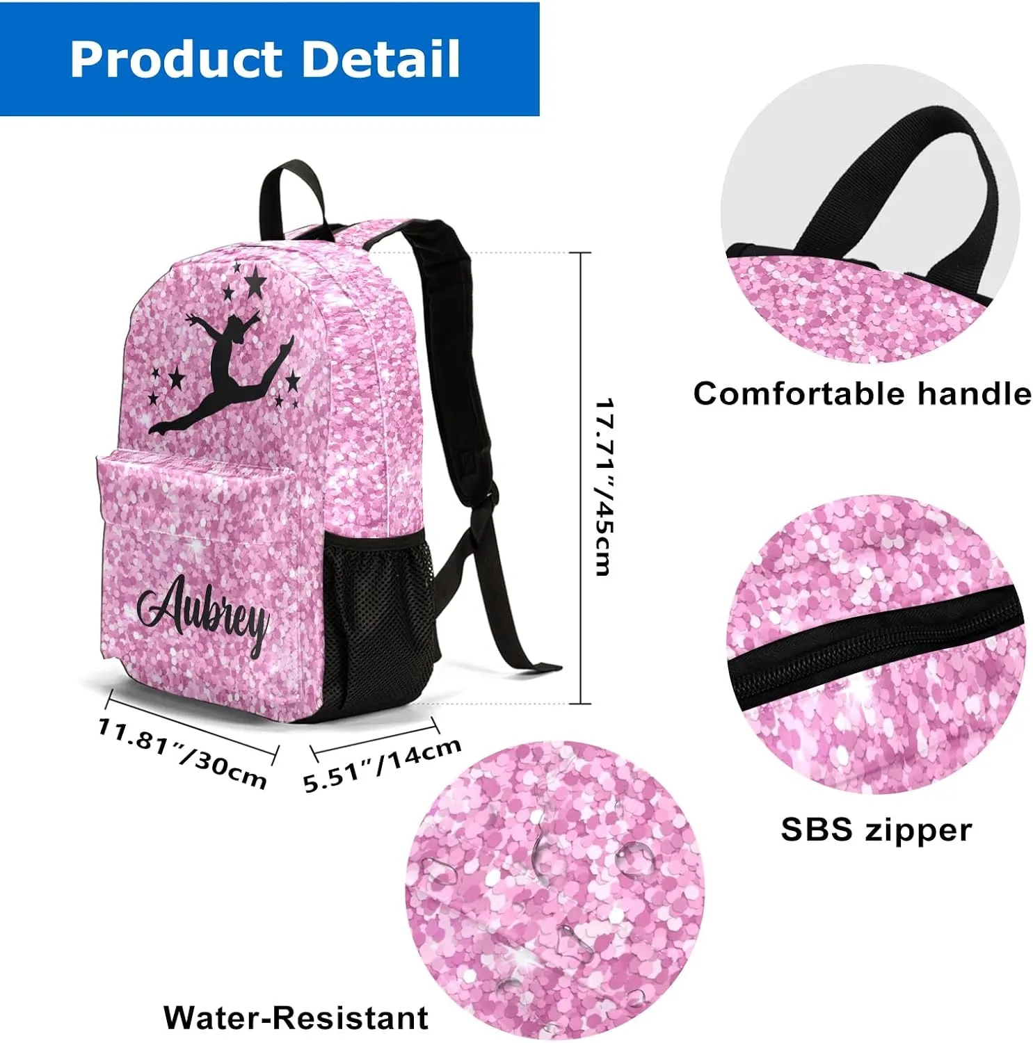 Gymnastic Pink Glitter Personalized Backpack for Teen Boys Girls,Custom Travel Backpack Bookbag Casual Bag with Name Gift 11.81"(L) x 5.51"(W) x 17.71"(H)