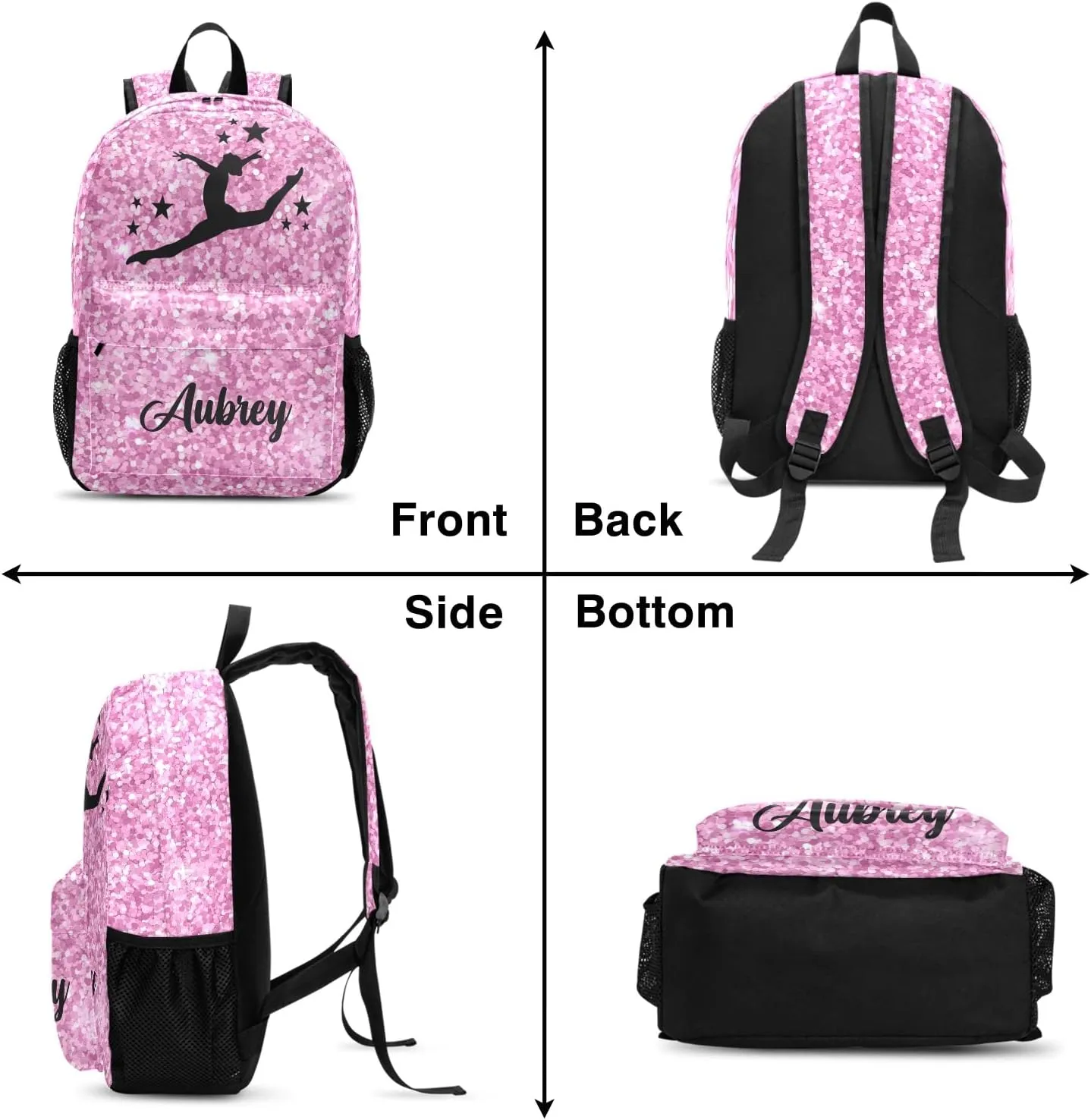 Gymnastic Pink Glitter Personalized Backpack for Teen Boys Girls,Custom Travel Backpack Bookbag Casual Bag with Name Gift 11.81"(L) x 5.51"(W) x 17.71"(H)