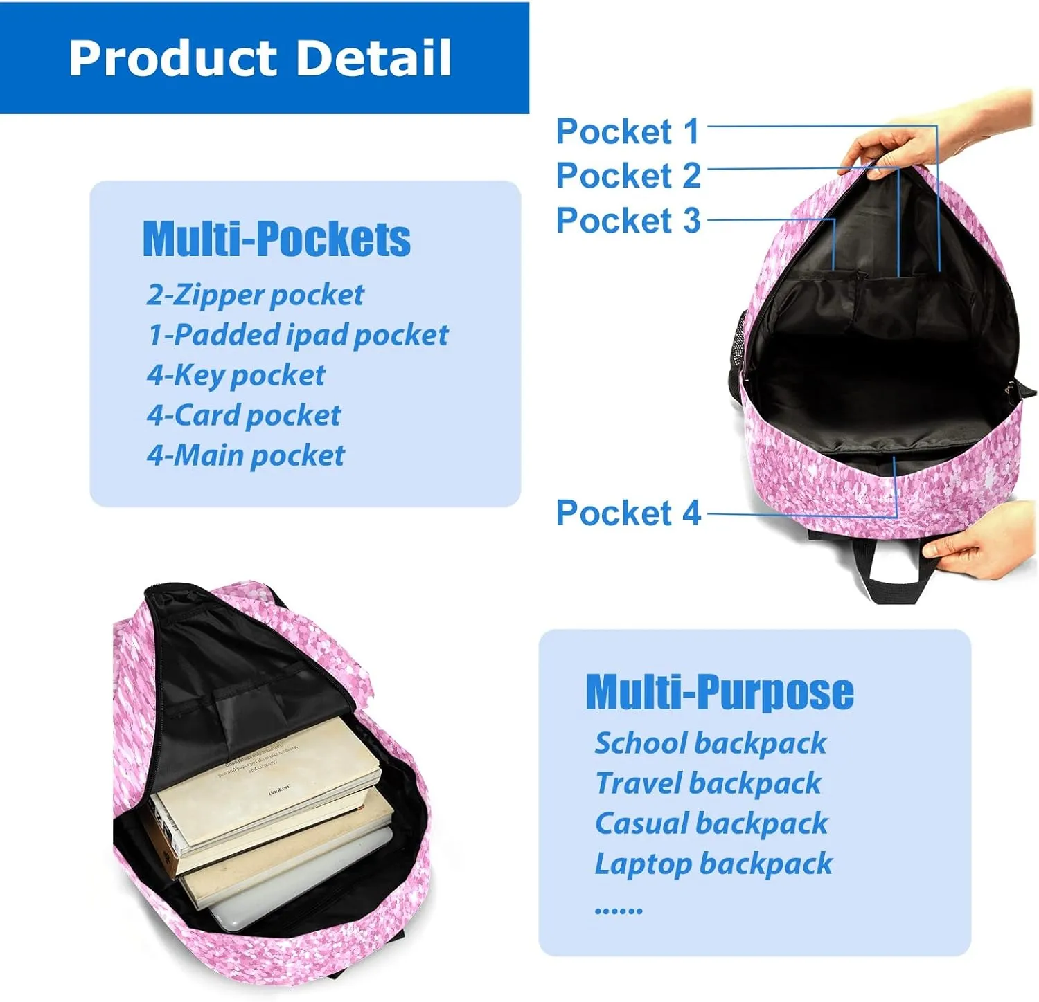 Gymnastic Pink Glitter Personalized Backpack for Teen Boys Girls,Custom Travel Backpack Bookbag Casual Bag with Name Gift 11.81"(L) x 5.51"(W) x 17.71"(H)