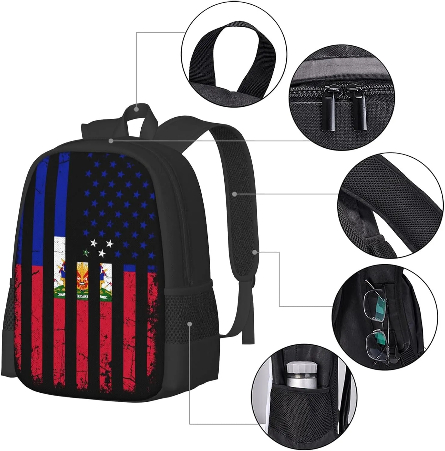 Haitian American Flag Haitian Roots Casual Backpack Large Capacity Backpacks 15 Inch Laptop Back Pack Travel Rucksack Daypack Commuter Bags with Adjustable Strap for Camping