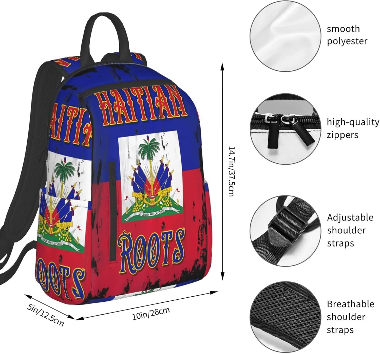 Haitian Roots Haiti Flag Casual Backpacks Large Capacity Laptop Backpack Sports Fitness Rucksack Travel Carry-On Daypack Work Bag for Outdoor Camping