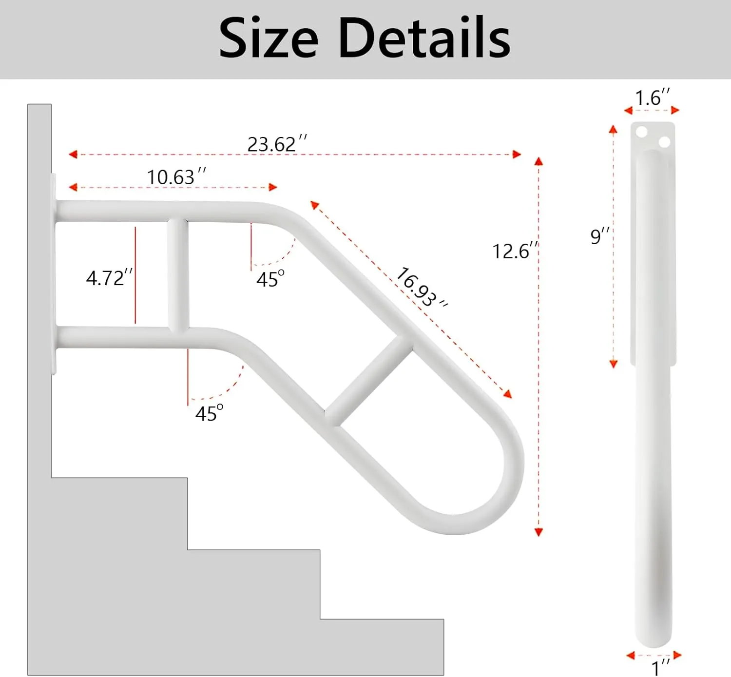 Hand Rails for Outdoor Steps & Elderly (Max 800LBS),U-Shape Wall Mount Stair Railing, Porch, Deck & Garden Grab Bar, Safety Handle for Garage, 1 Pack