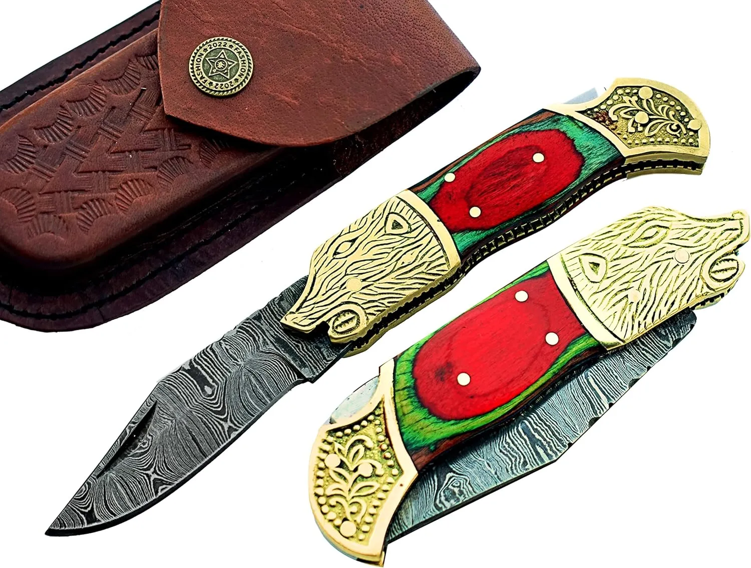Handmade Damascus Steel Pocket Knife – Folding Outdoor Knife for Camping & Hiking with Back Lock and Leather Sheath (OB-92) (Red)