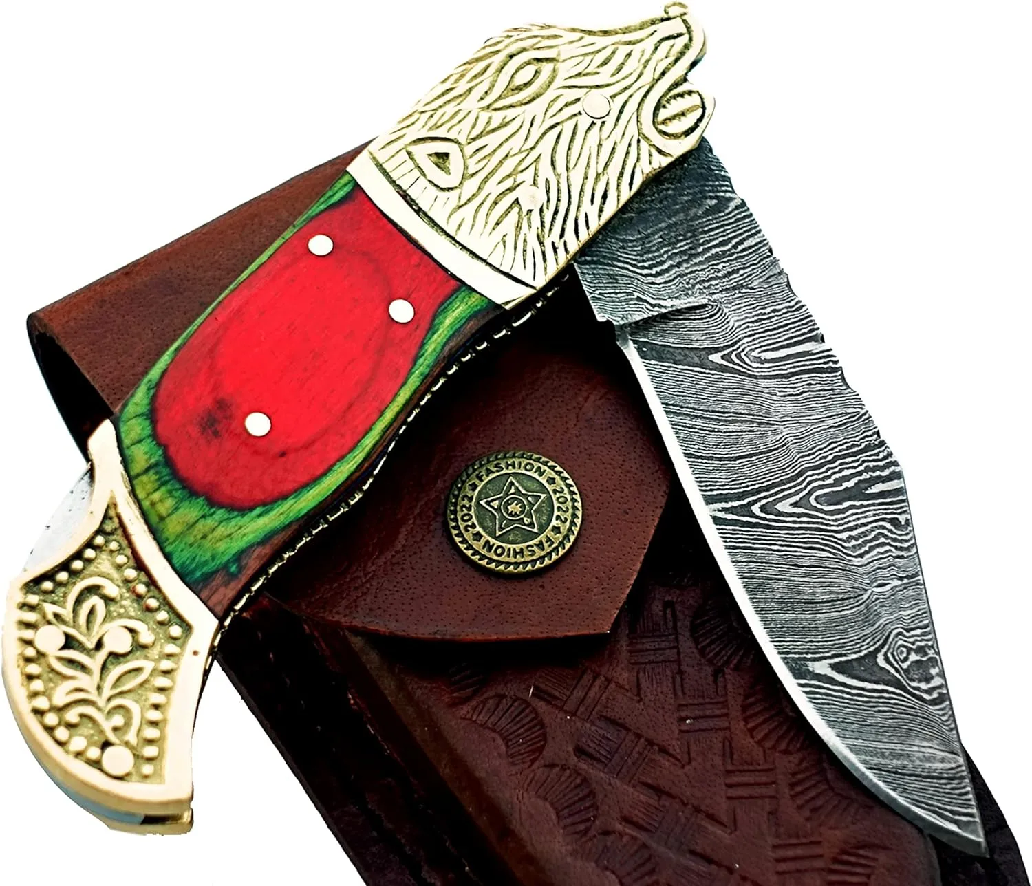 Handmade Damascus Steel Pocket Knife – Folding Outdoor Knife for Camping & Hiking with Back Lock and Leather Sheath (OB-92) (Red)