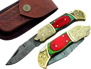 Handmade Damascus Steel Pocket Knife – Folding Outdoor Knife for Camping & Hiking with Back Lock and Leather Sheath (OB-92) (Red)