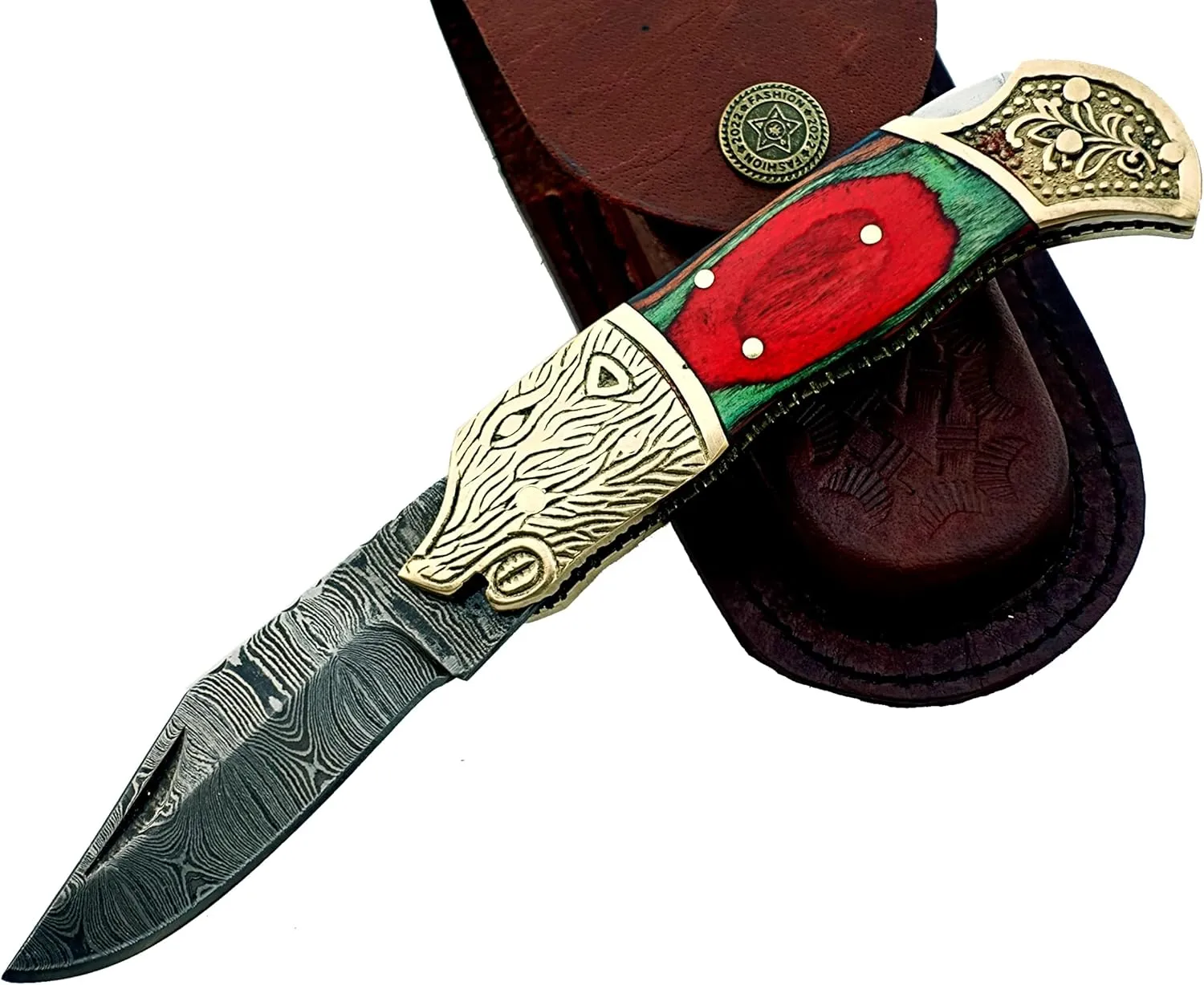 Handmade Damascus Steel Pocket Knife – Folding Outdoor Knife for Camping & Hiking with Back Lock and Leather Sheath (OB-92) (Red)
