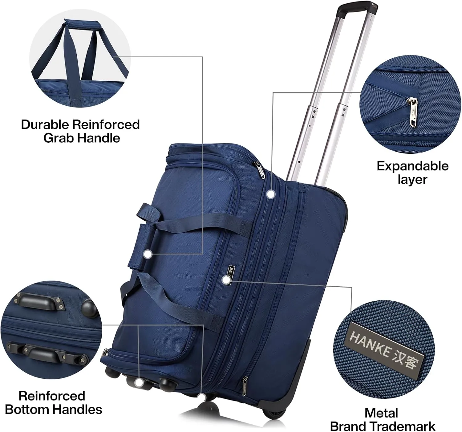 Hanke 22 Inch Expandable checked Luggage Suitcases with Wheels Foldable Duffle Bag for Travel suitcase Weekend Bag for Women Men（Blue）
