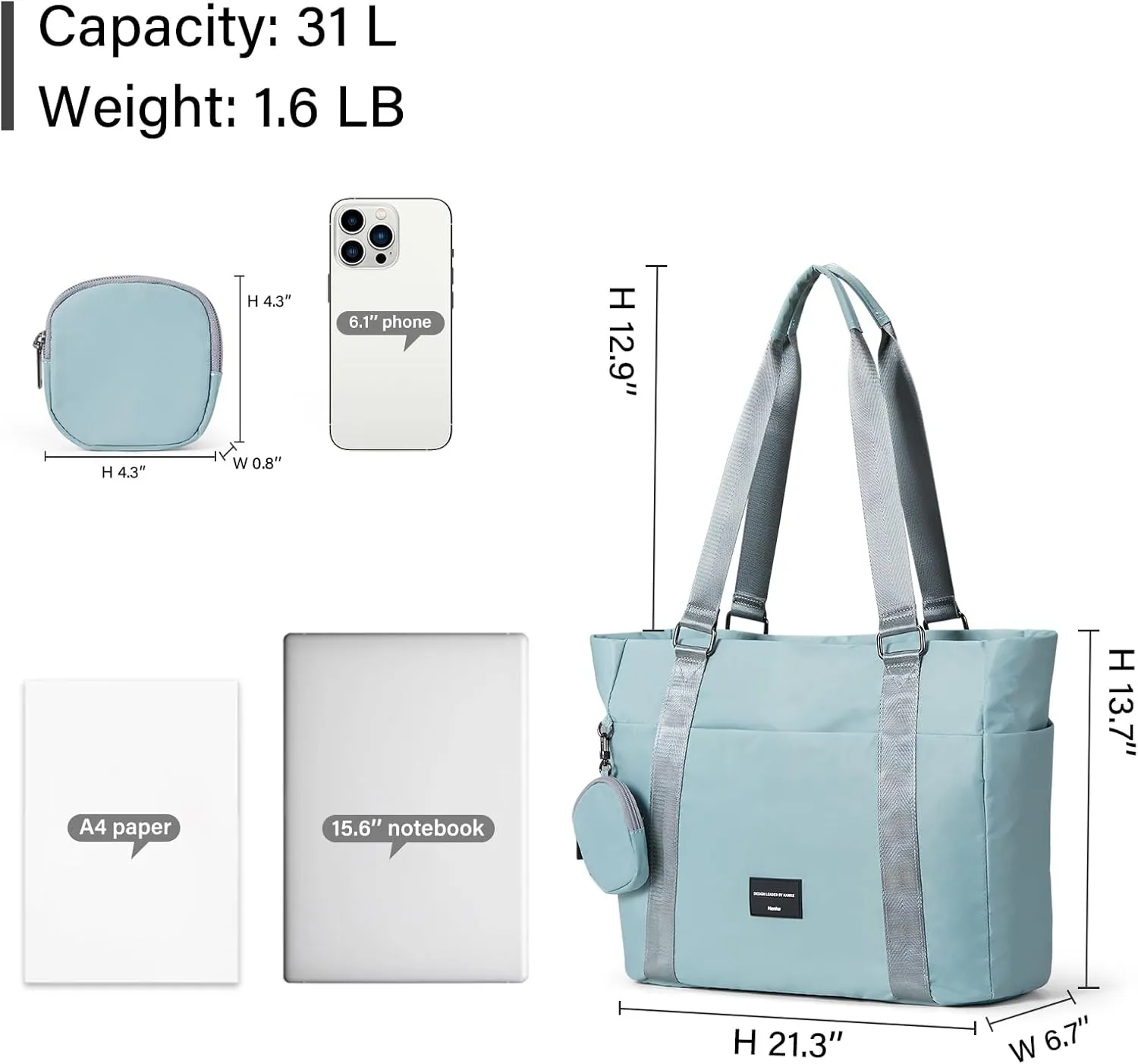 Hanke Laptop Tote - Lightweight Nylon Shoulder Bag for Work, Travel, Sports & Gym (Sky Blue)