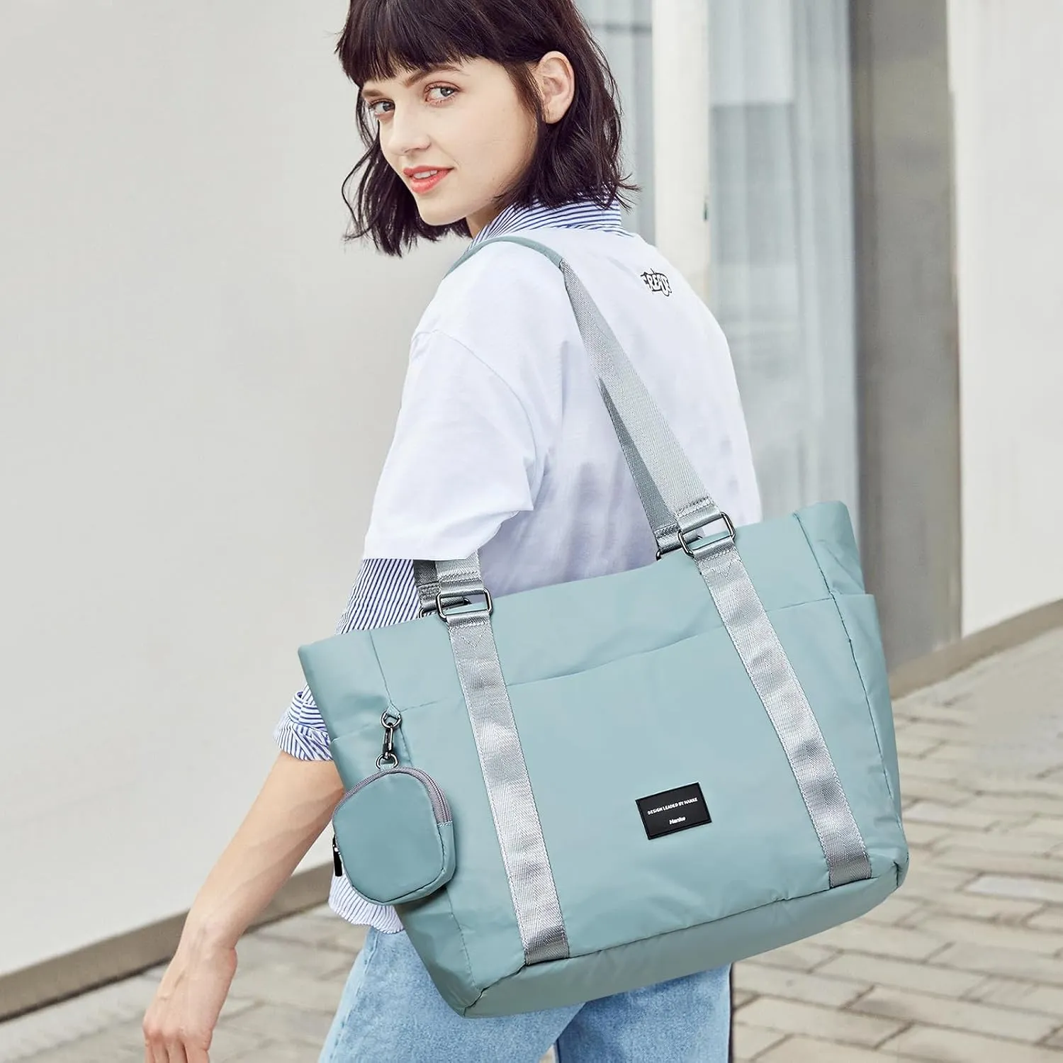 Hanke Laptop Tote - Lightweight Nylon Shoulder Bag for Work, Travel, Sports & Gym (Sky Blue)