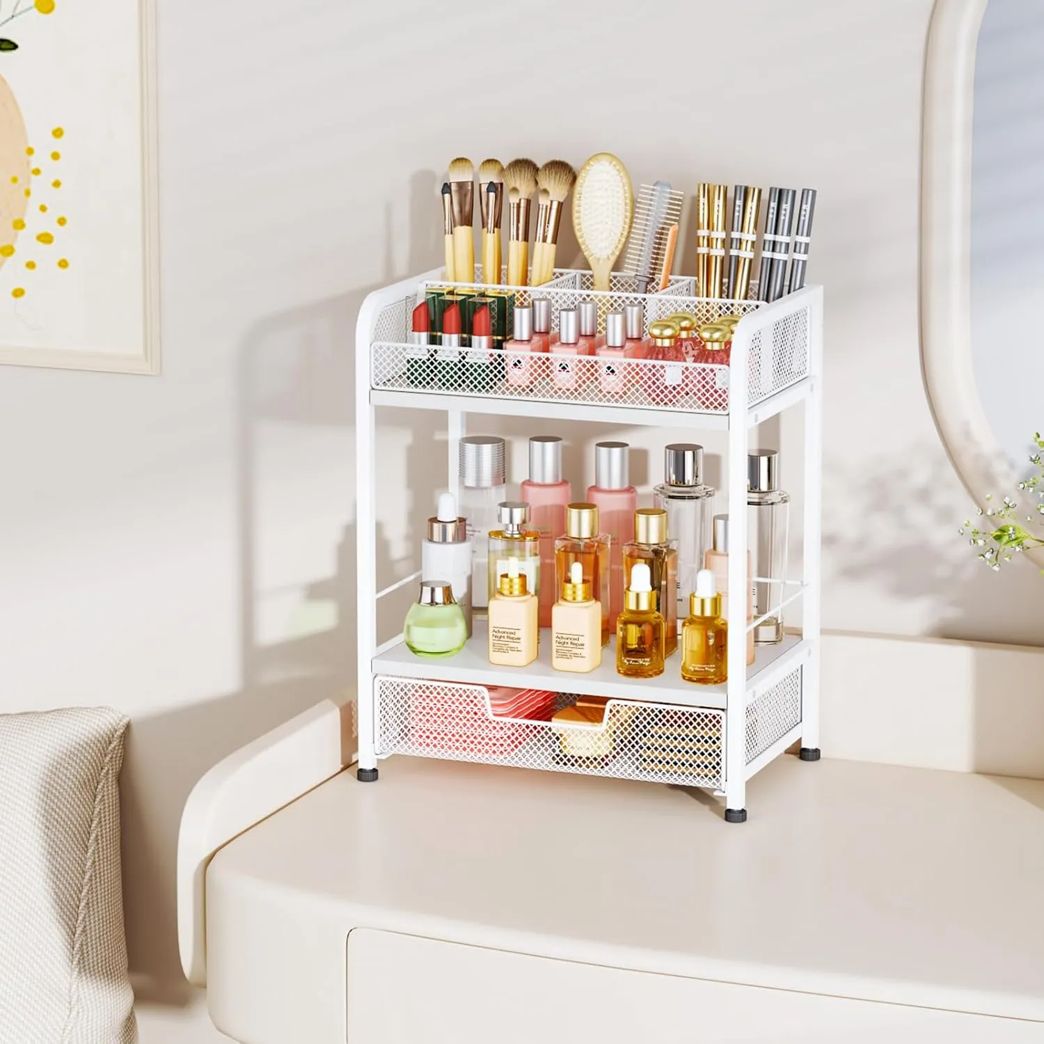 HapiRm Makeup Organizer Countertop with Drawer - Large Capacity Vanity Organizer with Dividers, Bathroom and Bedroom Desk Cosmetic Display Case for Storage Skincare, Makeup Brush, Dresser, Perfume
