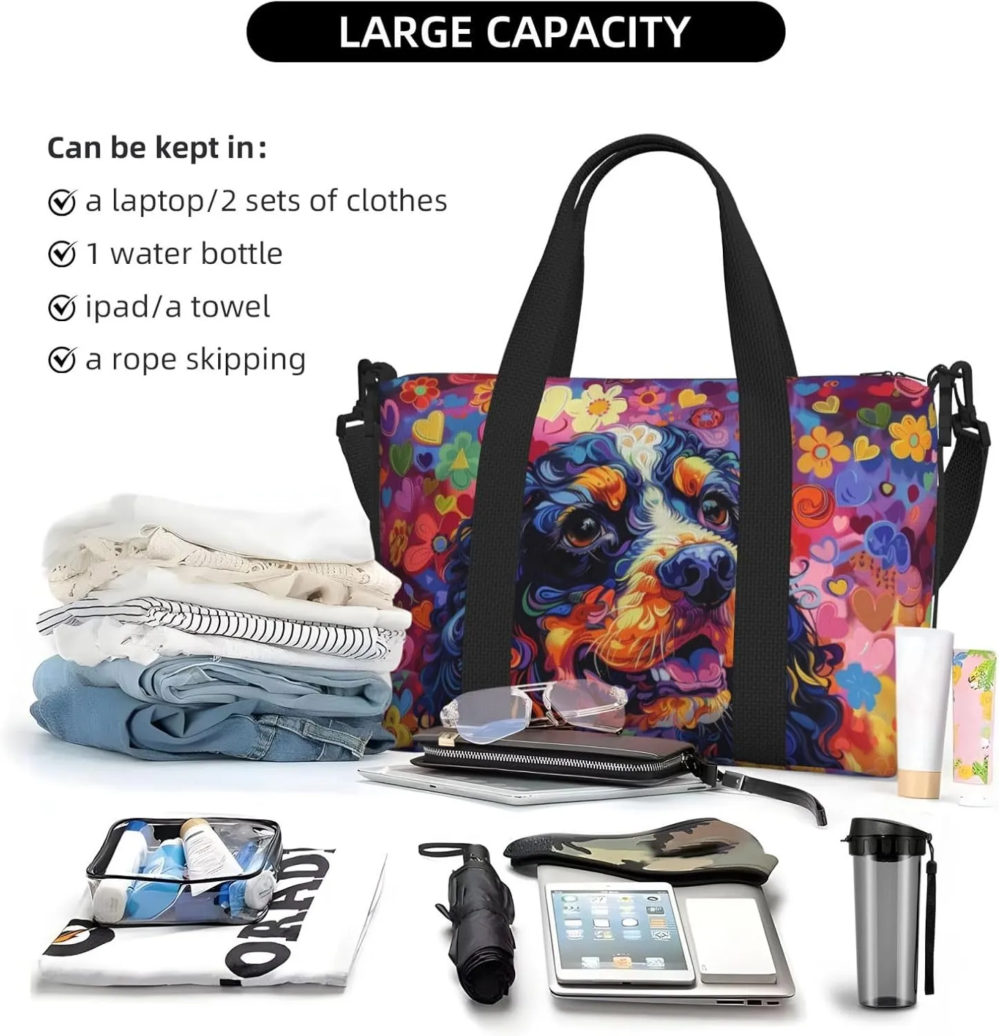 happy American Cocker Spaniel print Travel Duffel Bag, Sports Tote Gym Bag, Swim Pool Bag Large Shoulder Tote Bag for Beach Weekender, 202-406-121