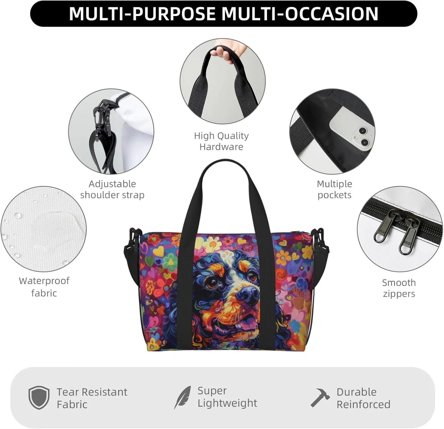 happy American Cocker Spaniel print Travel Duffel Bag, Sports Tote Gym Bag, Swim Pool Bag Large Shoulder Tote Bag for Beach Weekender, 202-406-121