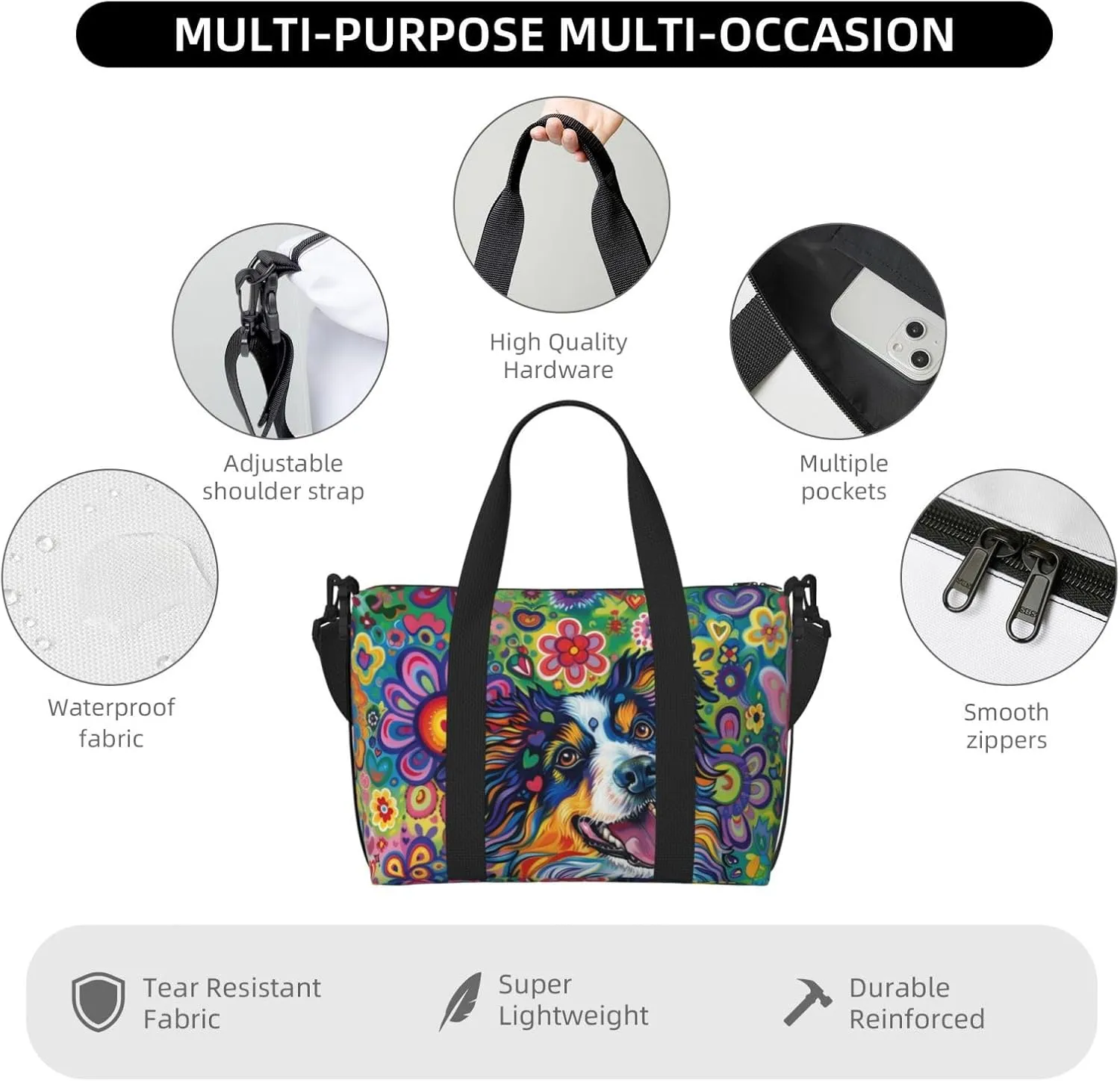 happy Australian Shepherd dog print Travel Duffel Bag, Sports Tote Gym Bag, Swim Pool Bag Large Shoulder Tote Bag for Beach Weekender