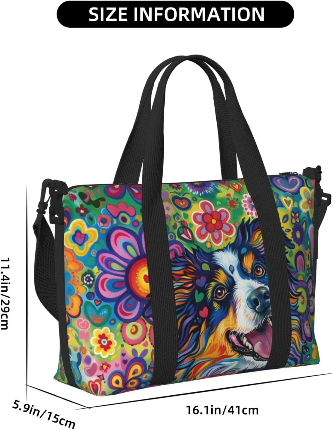 happy Australian Shepherd dog print Travel Duffel Bag, Sports Tote Gym Bag, Swim Pool Bag Large Shoulder Tote Bag for Beach Weekender