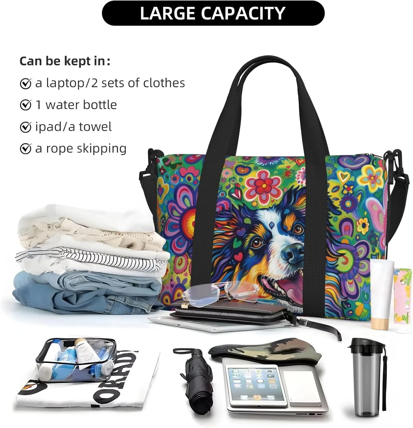 happy Australian Shepherd dog print Travel Duffel Bag, Sports Tote Gym Bag, Swim Pool Bag Large Shoulder Tote Bag for Beach Weekender