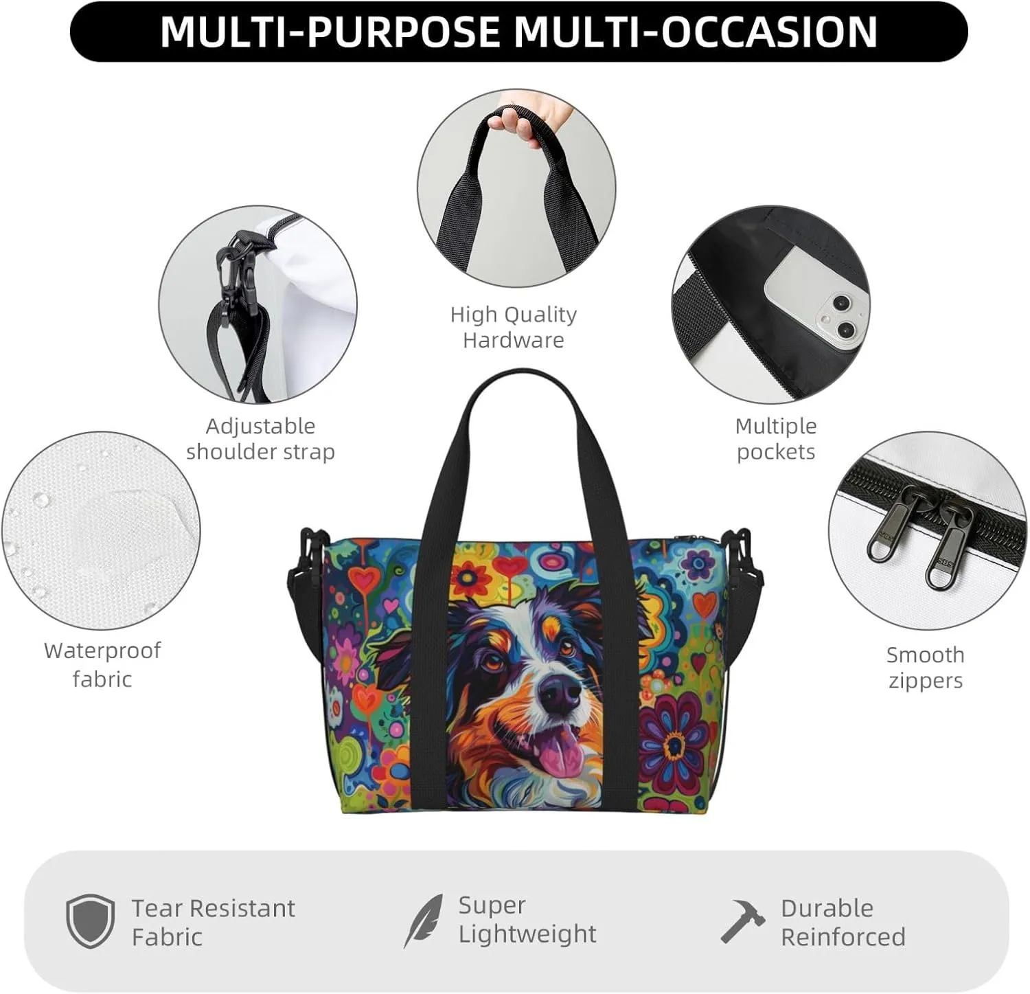happy Australian Shepherd print Travel Duffel Bag, Sports Tote Gym Bag, Swim Pool Bag Large Shoulder Tote Bag for Beach Weekender