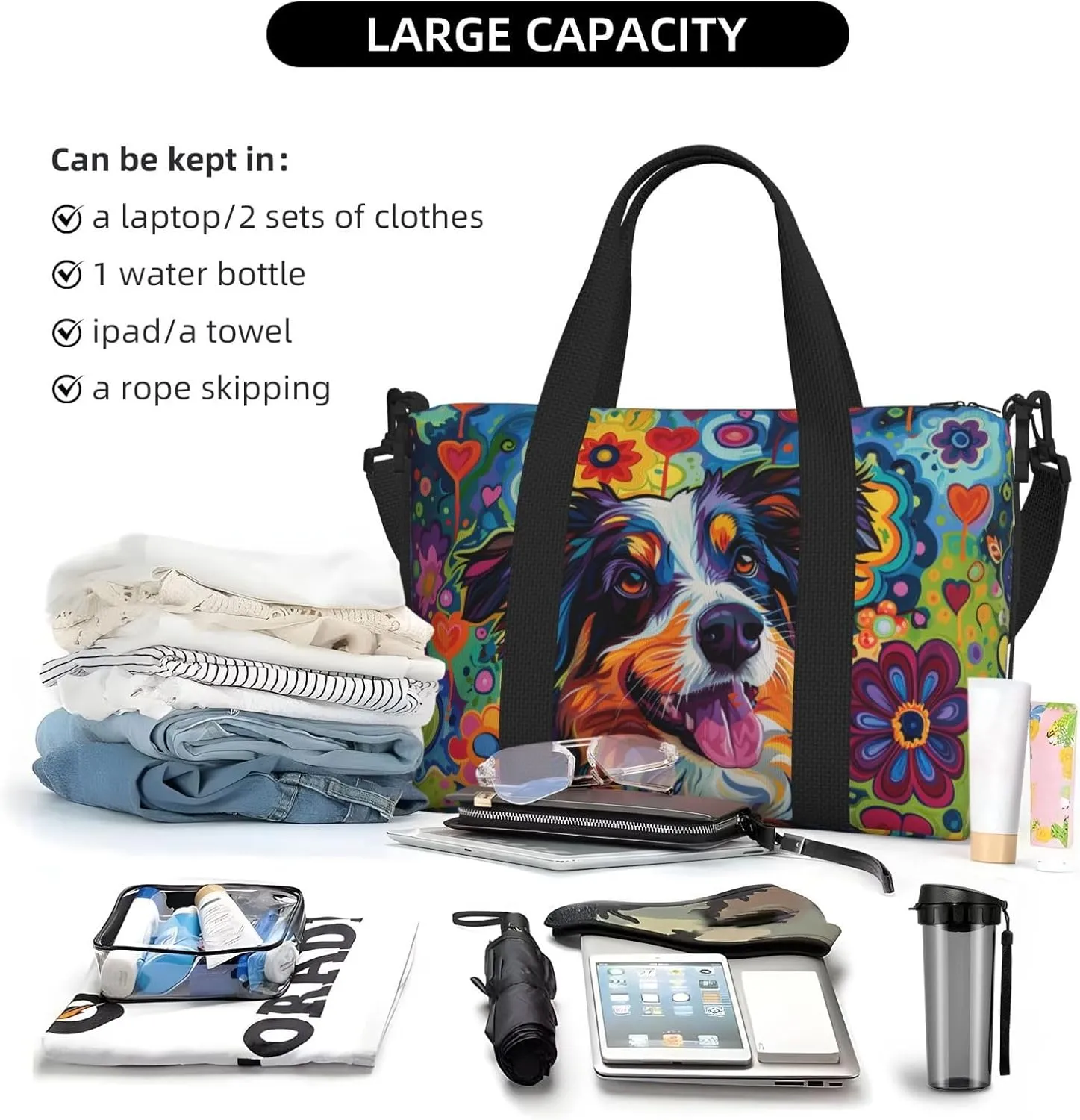happy Australian Shepherd print Travel Duffel Bag, Sports Tote Gym Bag, Swim Pool Bag Large Shoulder Tote Bag for Beach Weekender