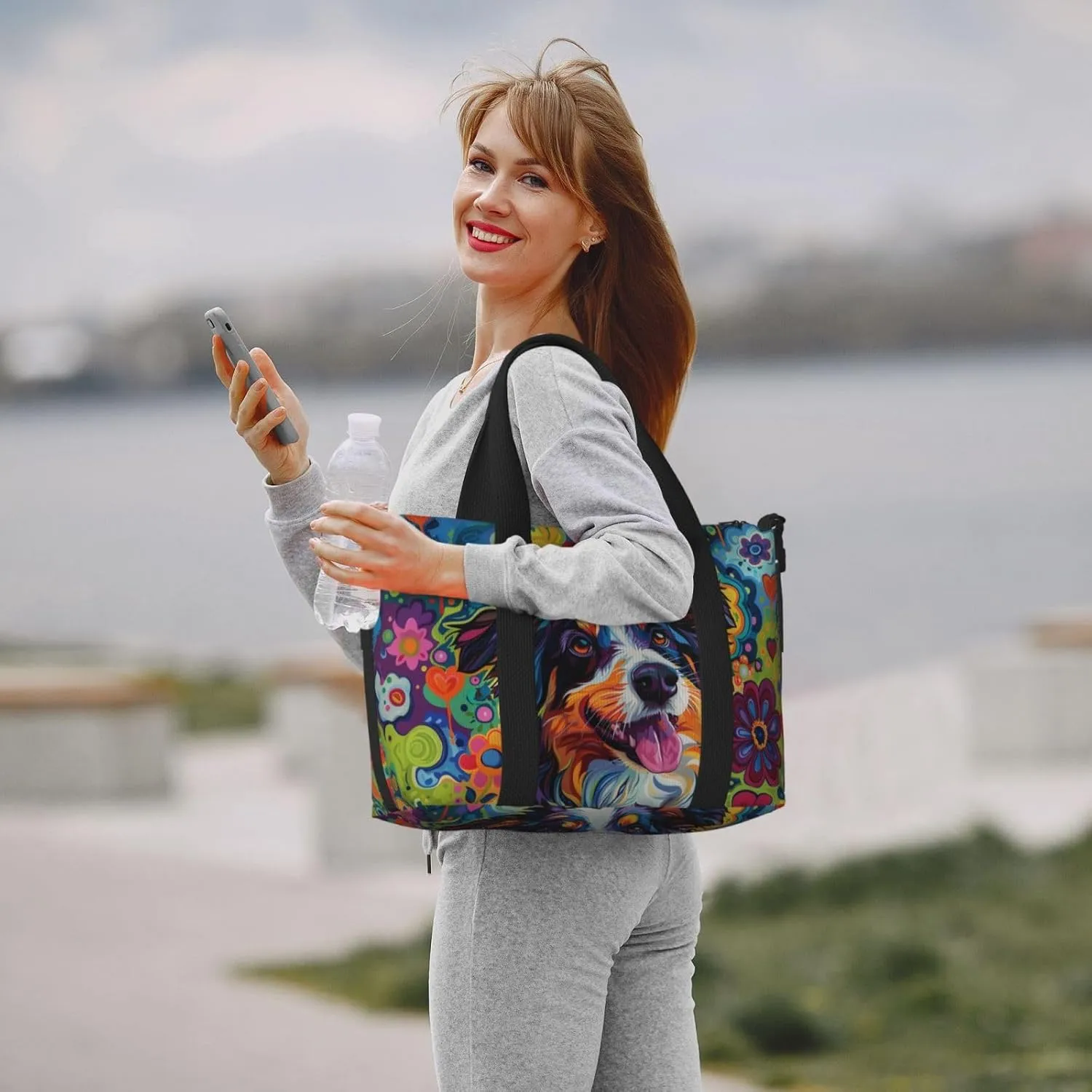 happy Australian Shepherd print Travel Duffel Bag, Sports Tote Gym Bag, Swim Pool Bag Large Shoulder Tote Bag for Beach Weekender
