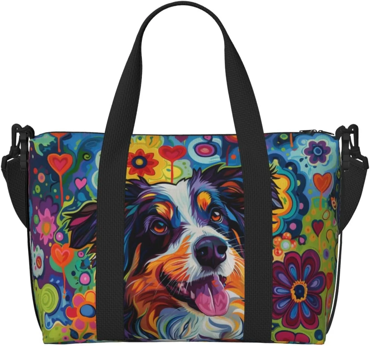 happy Australian Shepherd print Travel Duffel Bag, Sports Tote Gym Bag, Swim Pool Bag Large Shoulder Tote Bag for Beach Weekender
