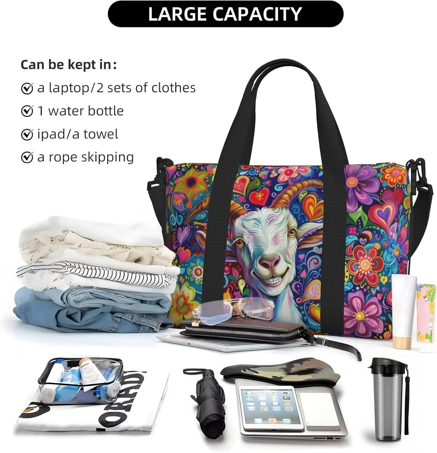 happy colorful goat print Travel Duffel Bag, Sports Tote Gym Bag, Swim Pool Bag Large Shoulder Tote Bag for Beach Weekender