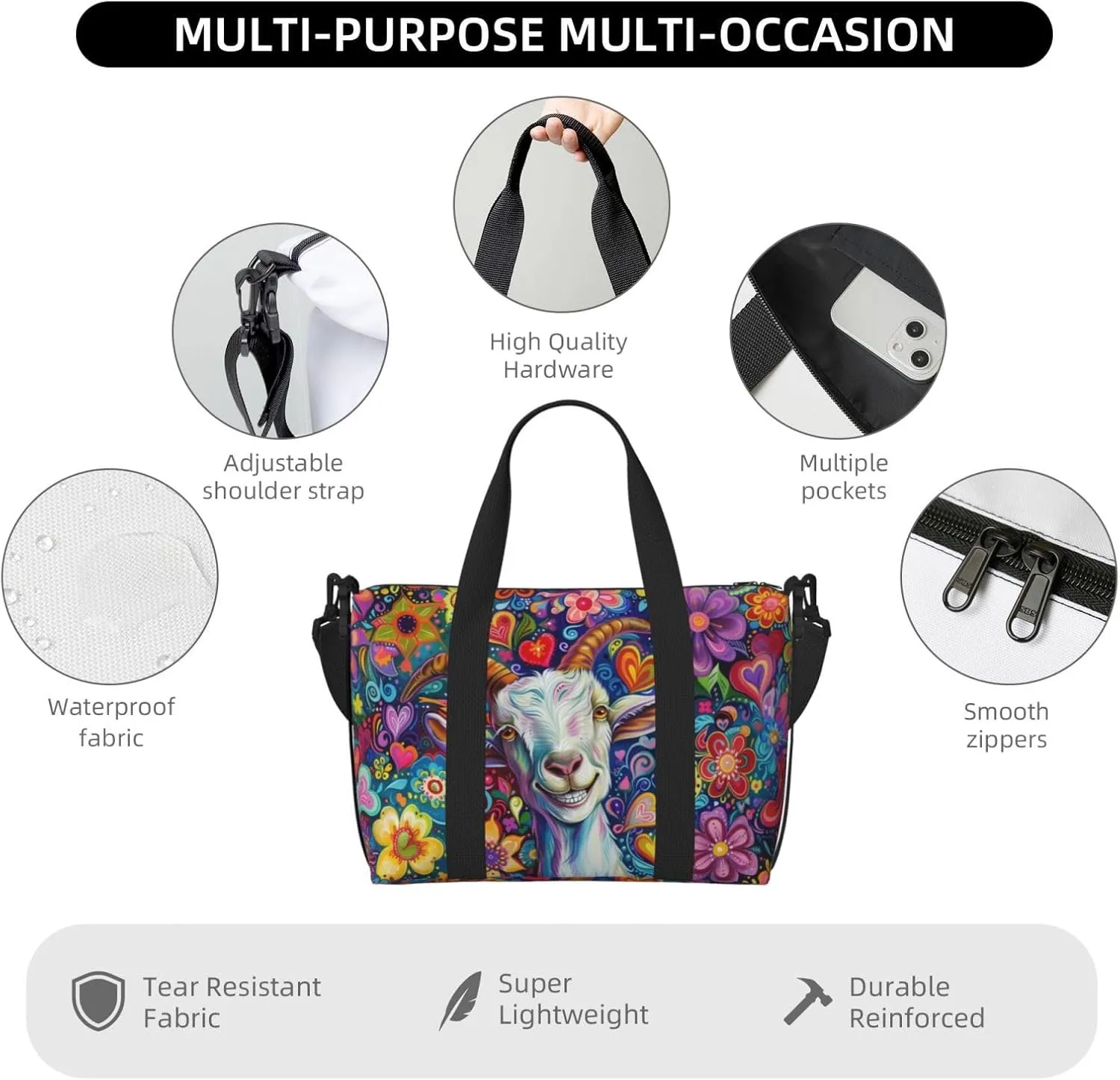 happy colorful goat print Travel Duffel Bag, Sports Tote Gym Bag, Swim Pool Bag Large Shoulder Tote Bag for Beach Weekender