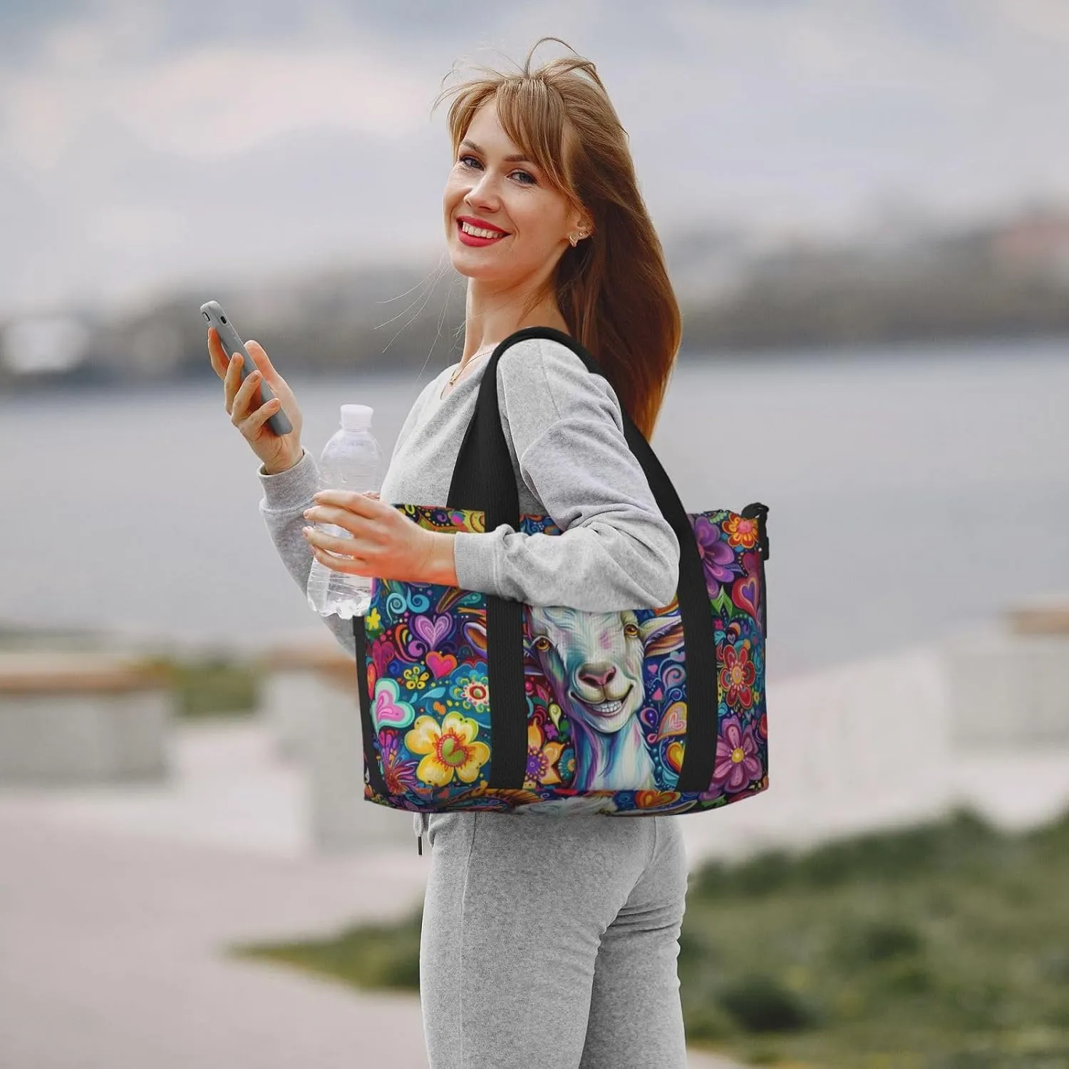 happy colorful goat print Travel Duffel Bag, Sports Tote Gym Bag, Swim Pool Bag Large Shoulder Tote Bag for Beach Weekender