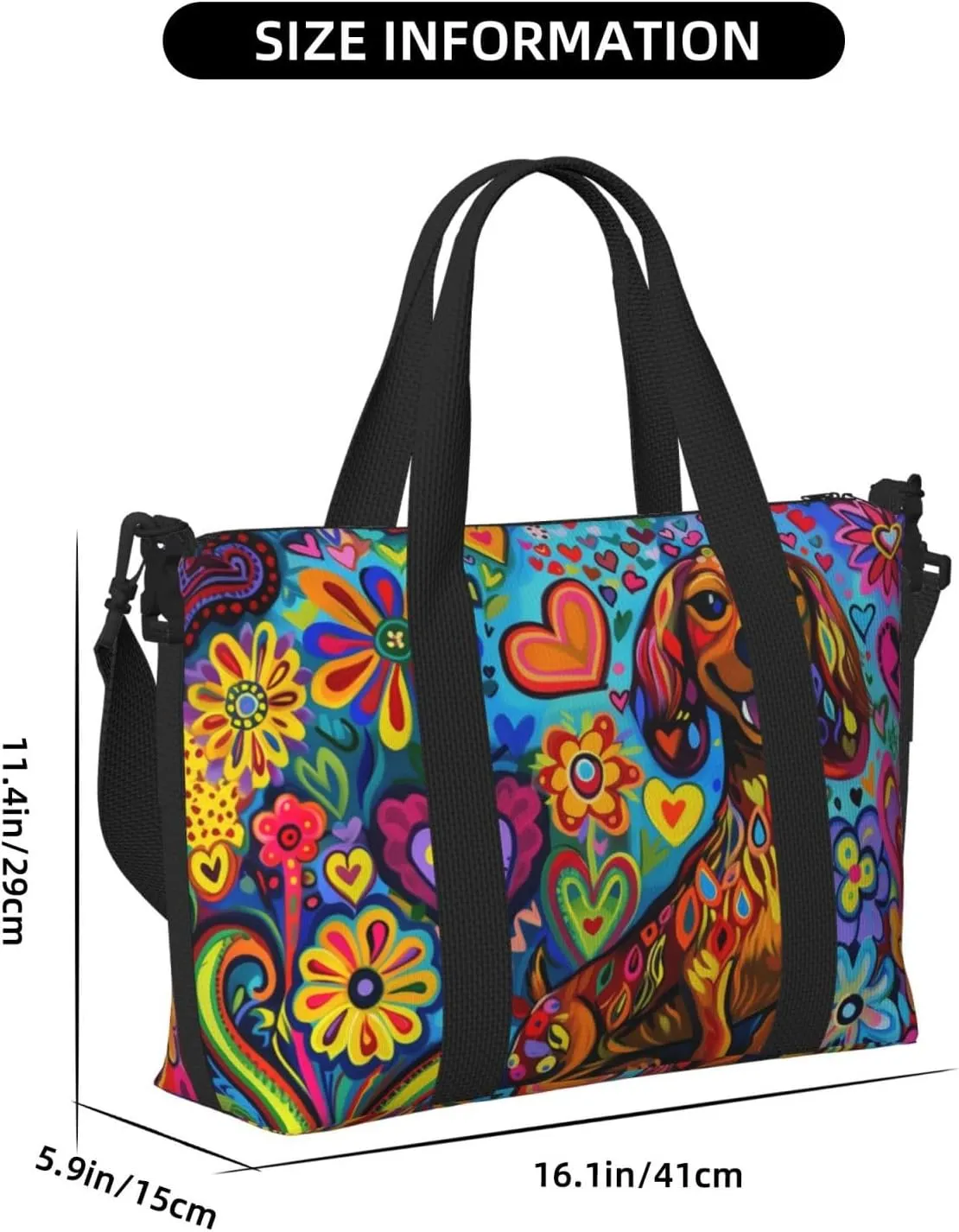 happy dachshund surrounded print Travel Duffel Bag, Sports Tote Gym Bag, Swim Pool Bag Large Shoulder Tote Bag for Beach Weekender