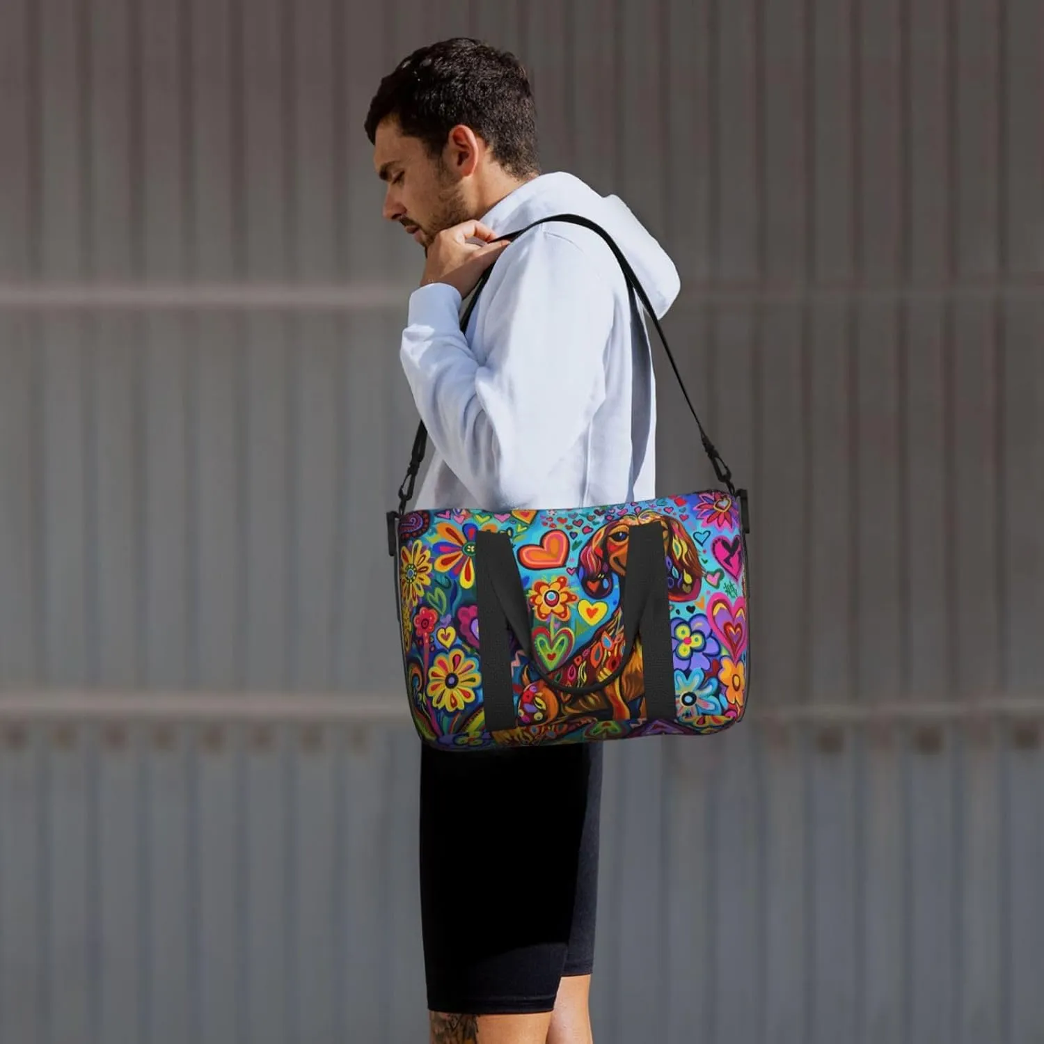 happy dachshund surrounded print Travel Duffel Bag, Sports Tote Gym Bag, Swim Pool Bag Large Shoulder Tote Bag for Beach Weekender