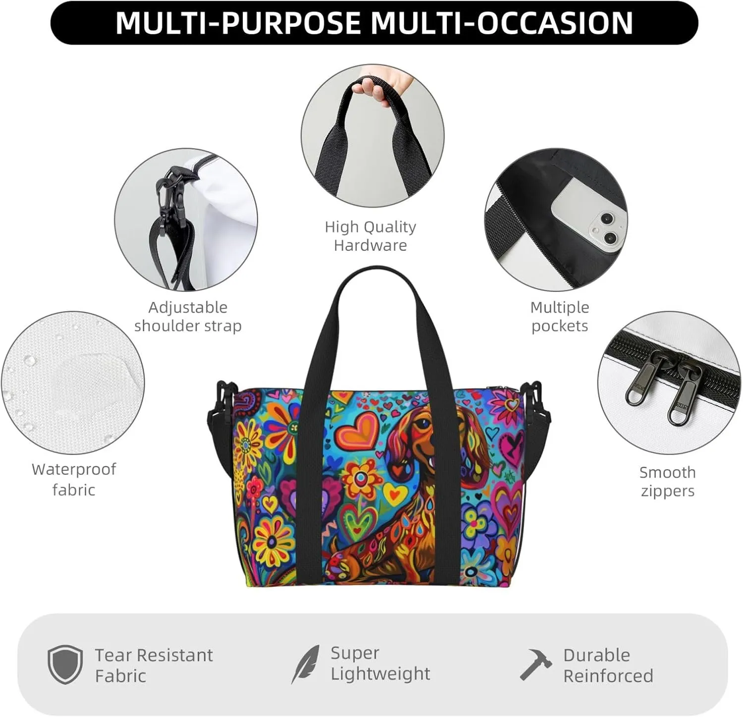 happy dachshund surrounded print Travel Duffel Bag, Sports Tote Gym Bag, Swim Pool Bag Large Shoulder Tote Bag for Beach Weekender