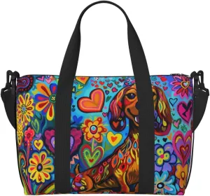 happy dachshund surrounded print Travel Duffel Bag, Sports Tote Gym Bag, Swim Pool Bag Large Shoulder Tote Bag for Beach Weekender