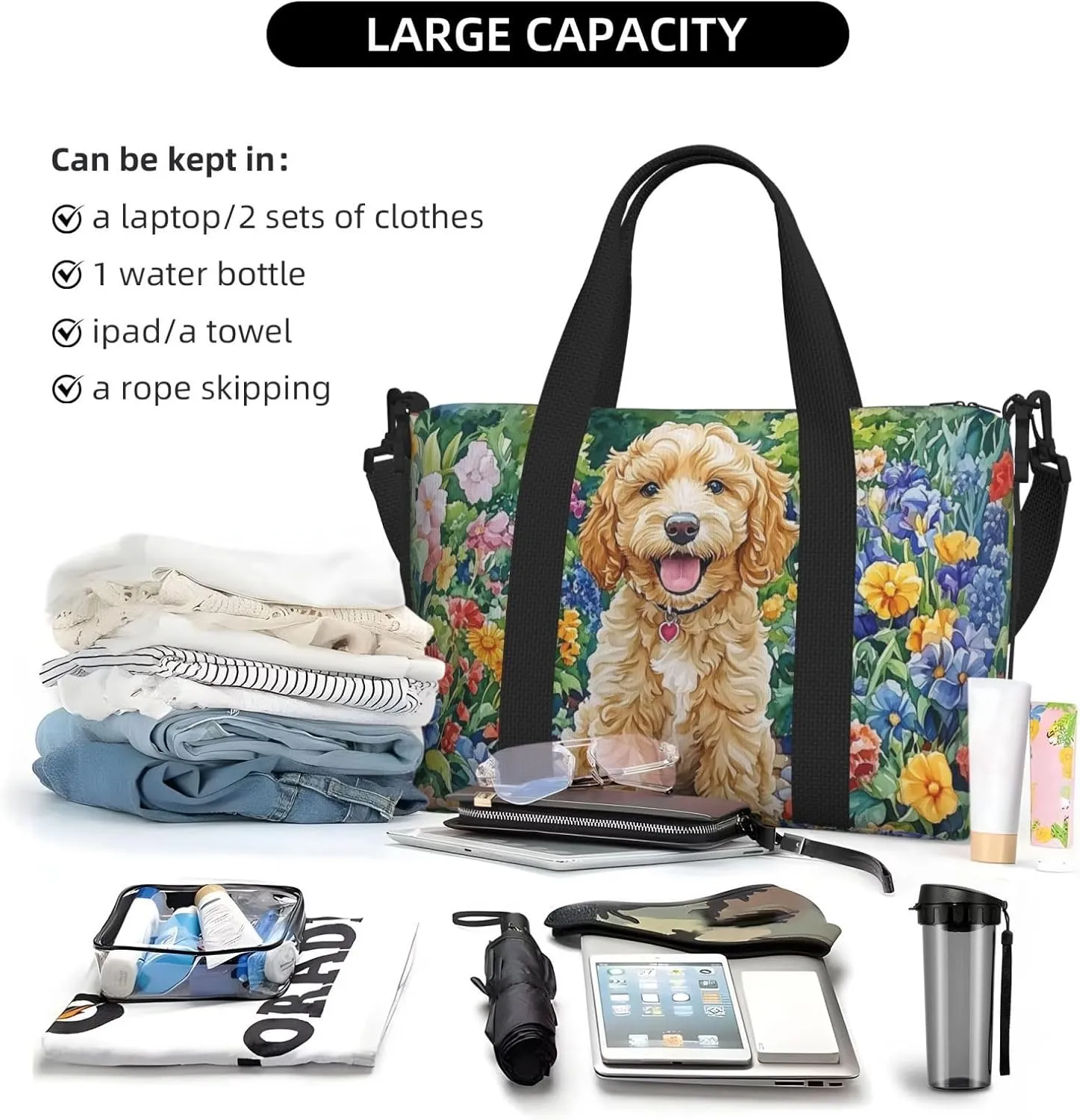 happy Goldendoodle puppy print Travel Duffel Bag, Sports Tote Gym Bag, Swim Pool Bag Large Shoulder Tote Bag for Beach Weekender
