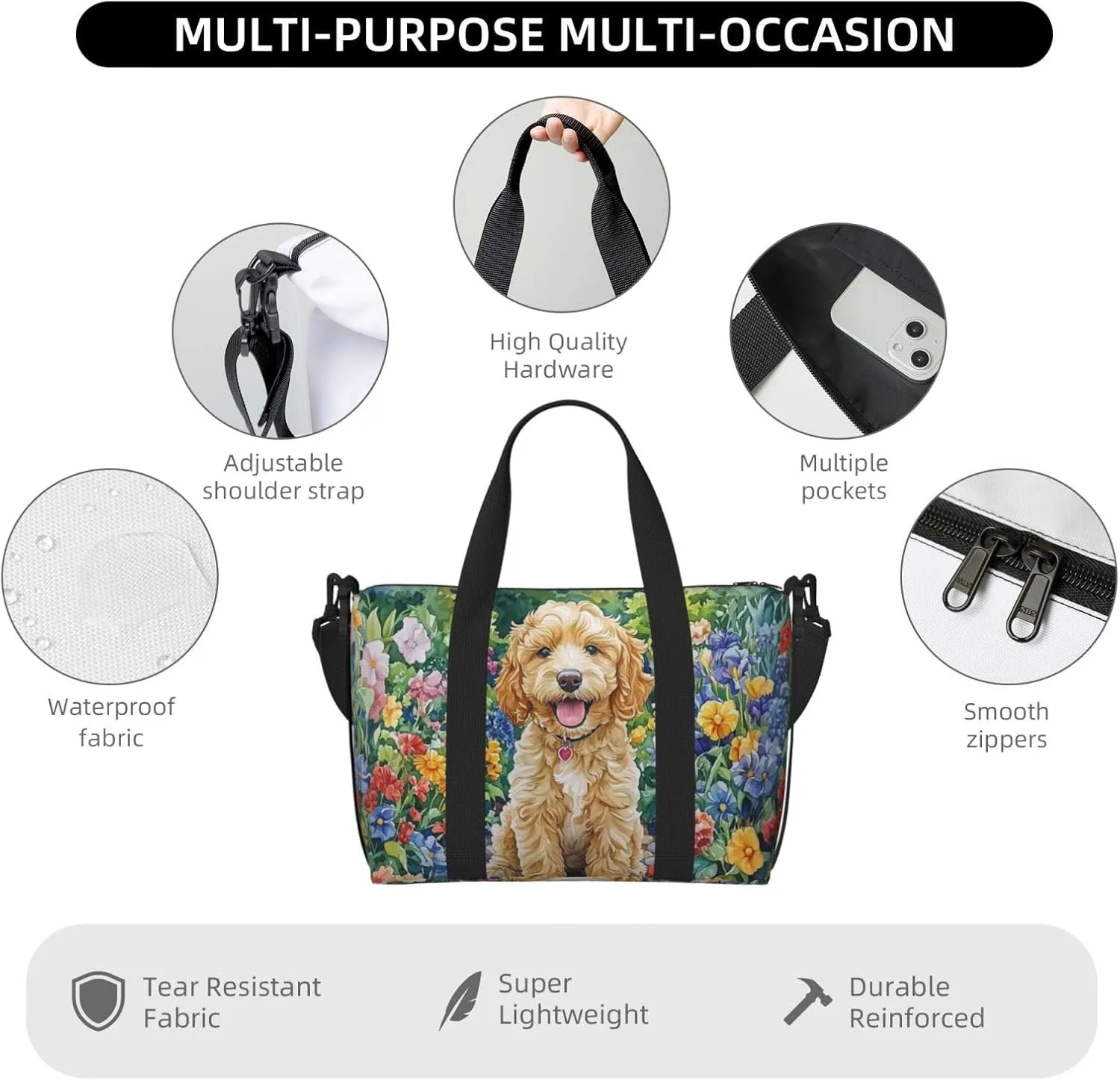 happy Goldendoodle puppy print Travel Duffel Bag, Sports Tote Gym Bag, Swim Pool Bag Large Shoulder Tote Bag for Beach Weekender