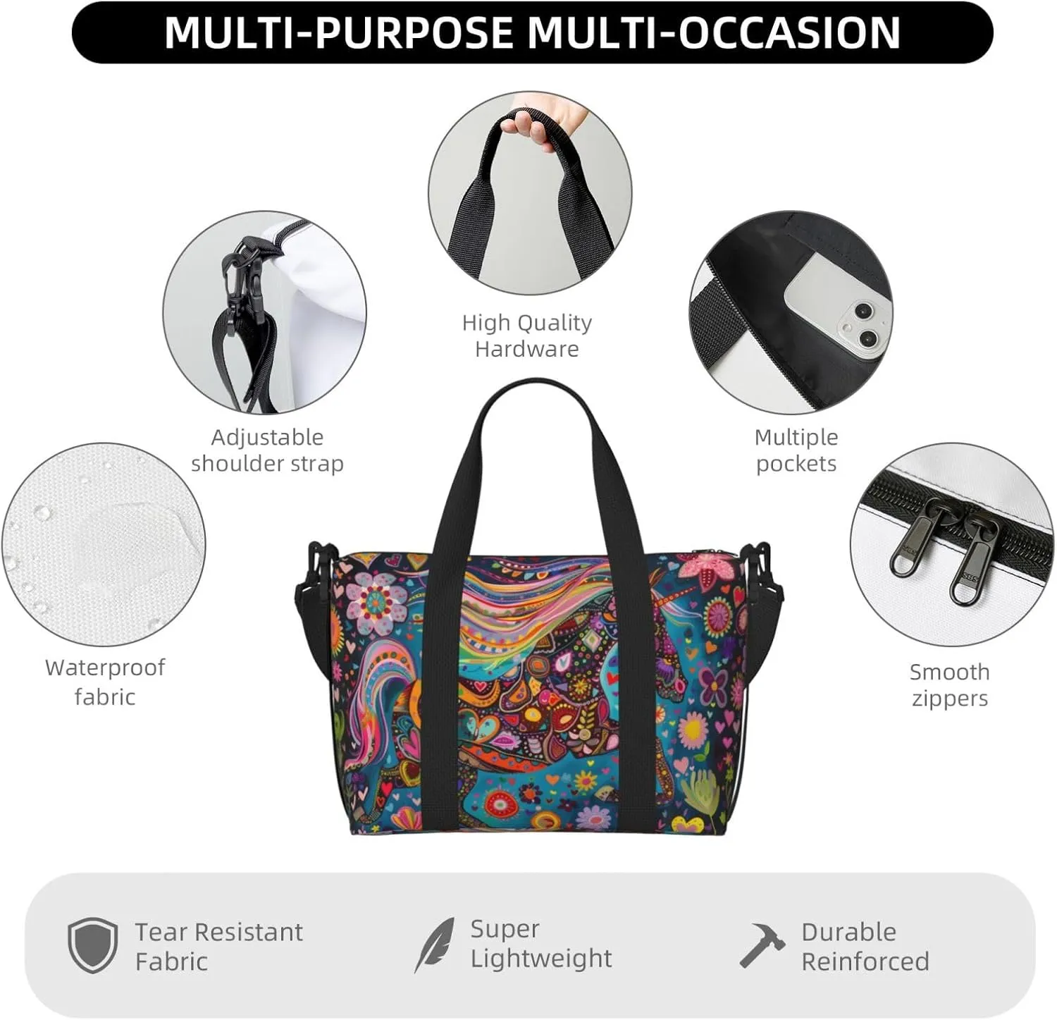happy horse print Travel Duffel Bag, Sports Tote Gym Bag, Swim Pool Bag Large Shoulder Tote Bag for Beach Weekender