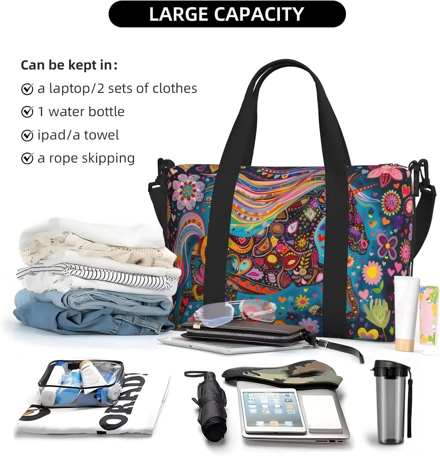 happy horse print Travel Duffel Bag, Sports Tote Gym Bag, Swim Pool Bag Large Shoulder Tote Bag for Beach Weekender