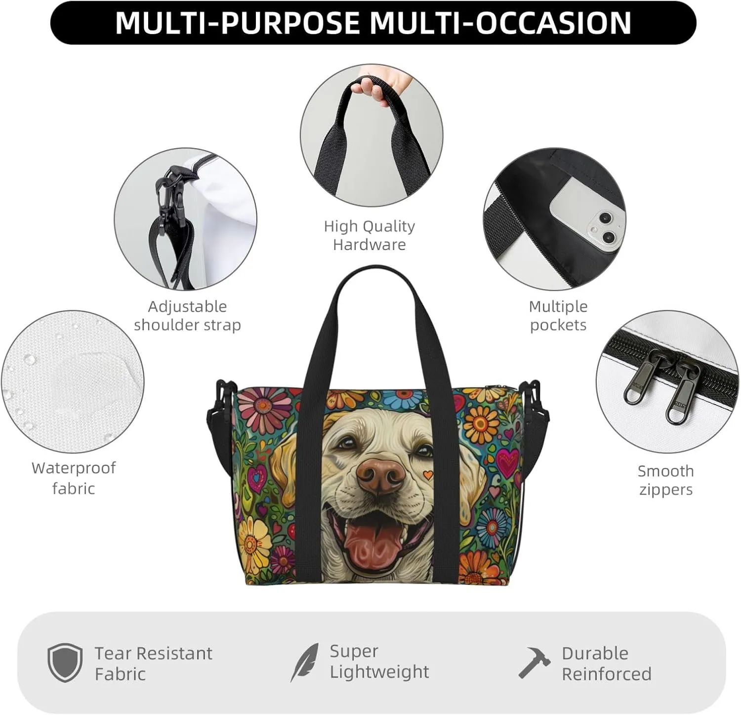 happy Labrador Retriever print Travel Duffel Bag, Sports Tote Gym Bag, Swim Pool Bag Large Shoulder Tote Bag for Beach Weekender