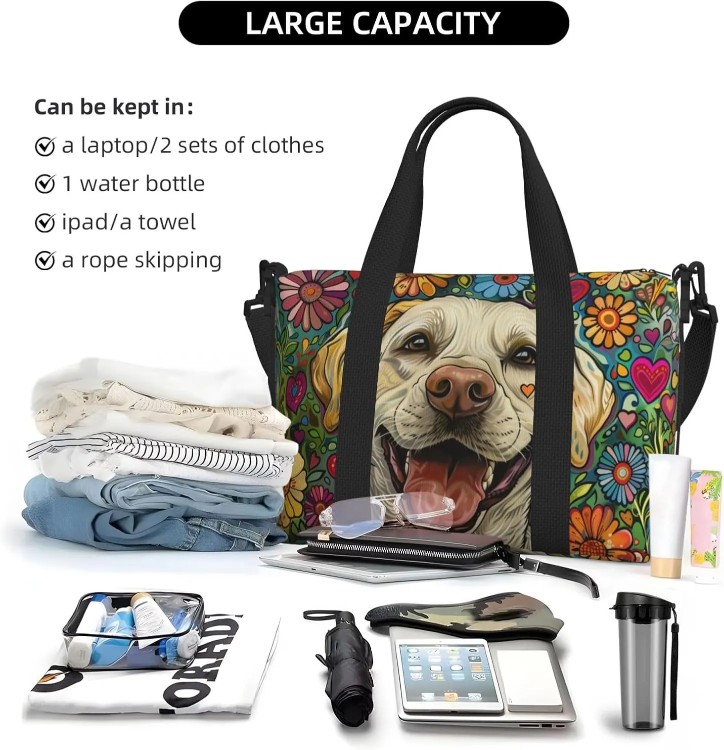happy Labrador Retriever print Travel Duffel Bag, Sports Tote Gym Bag, Swim Pool Bag Large Shoulder Tote Bag for Beach Weekender