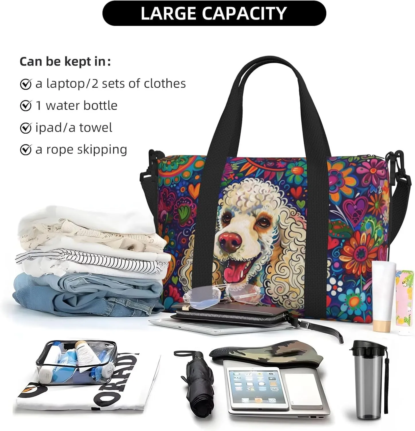 happy poodle colorful flower print Travel Duffel Bag, Sports Tote Gym Bag, Swim Pool Bag Large Shoulder Tote Bag for Beach Weekender, 202-406-121