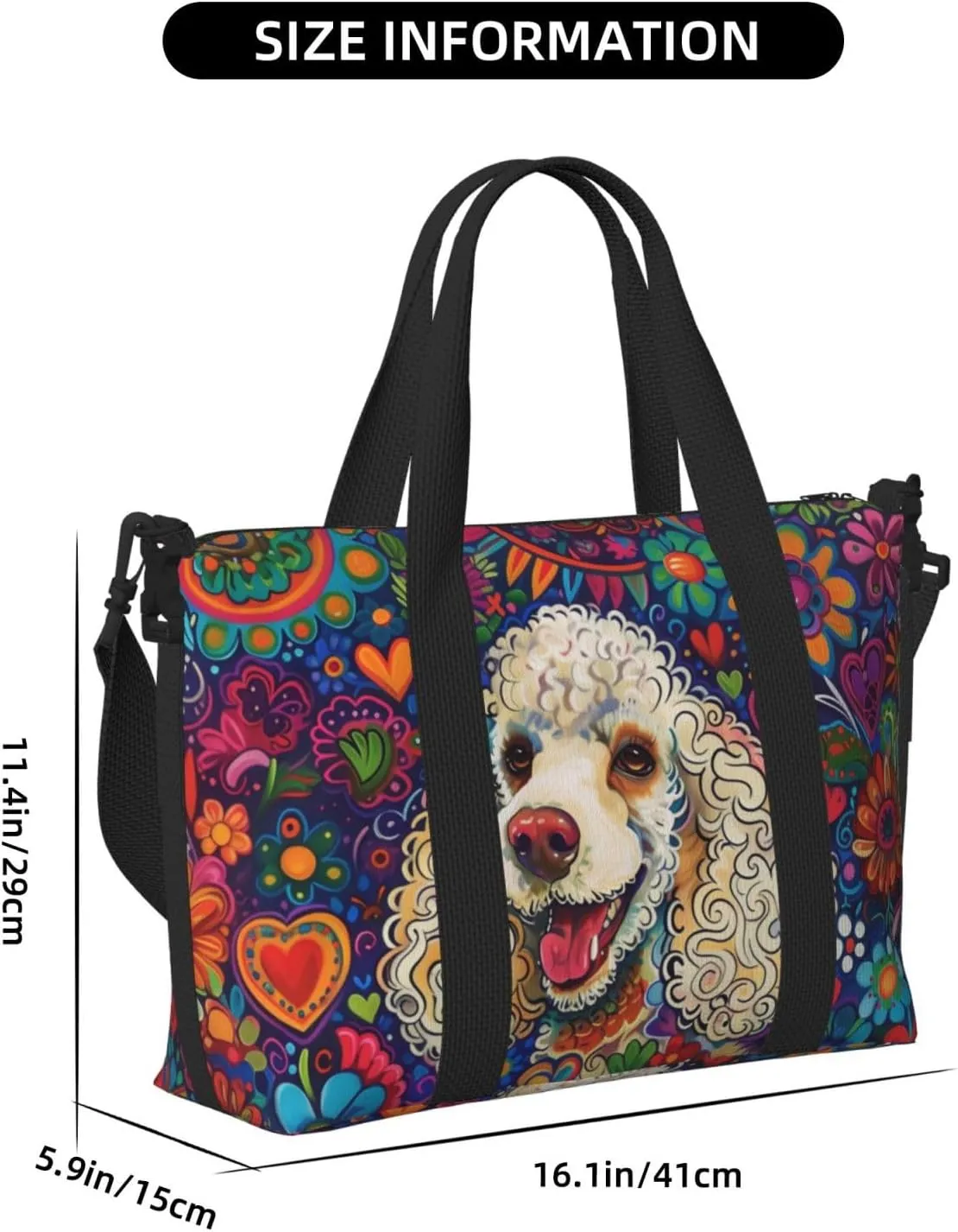 happy poodle colorful flower print Travel Duffel Bag, Sports Tote Gym Bag, Swim Pool Bag Large Shoulder Tote Bag for Beach Weekender, 202-406-121