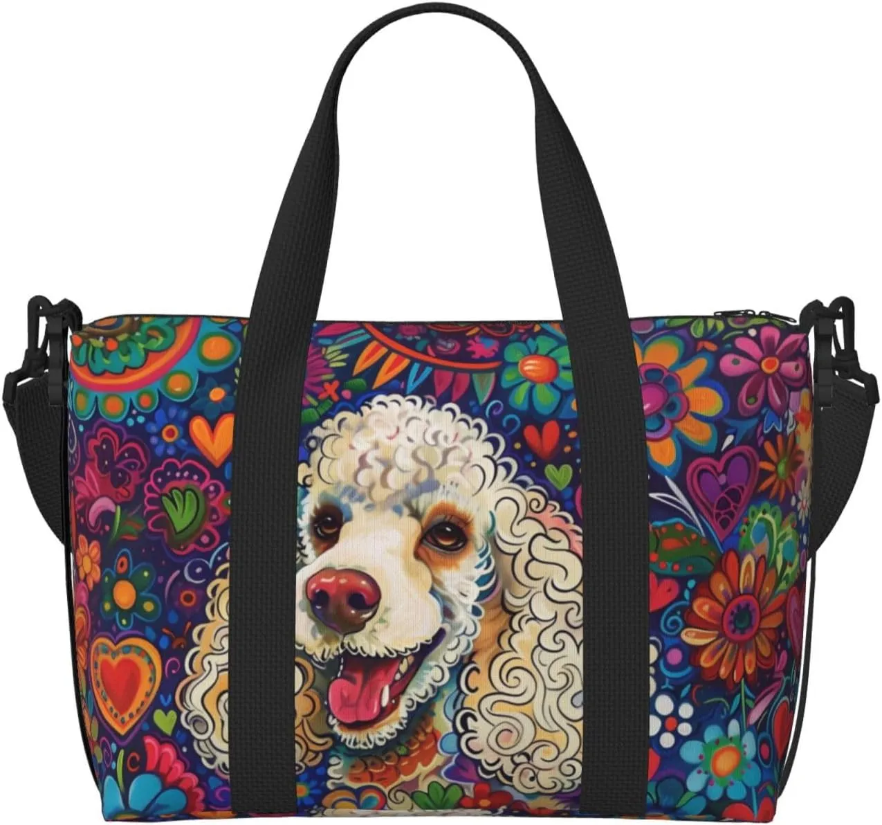 happy poodle colorful flower print Travel Duffel Bag, Sports Tote Gym Bag, Swim Pool Bag Large Shoulder Tote Bag for Beach Weekender, 202-406-121