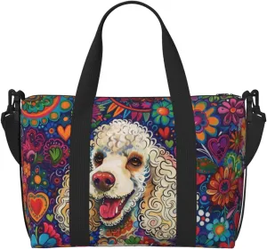 happy poodle colorful flower print Travel Duffel Bag, Sports Tote Gym Bag, Swim Pool Bag Large Shoulder Tote Bag for Beach Weekender, 202-406-121