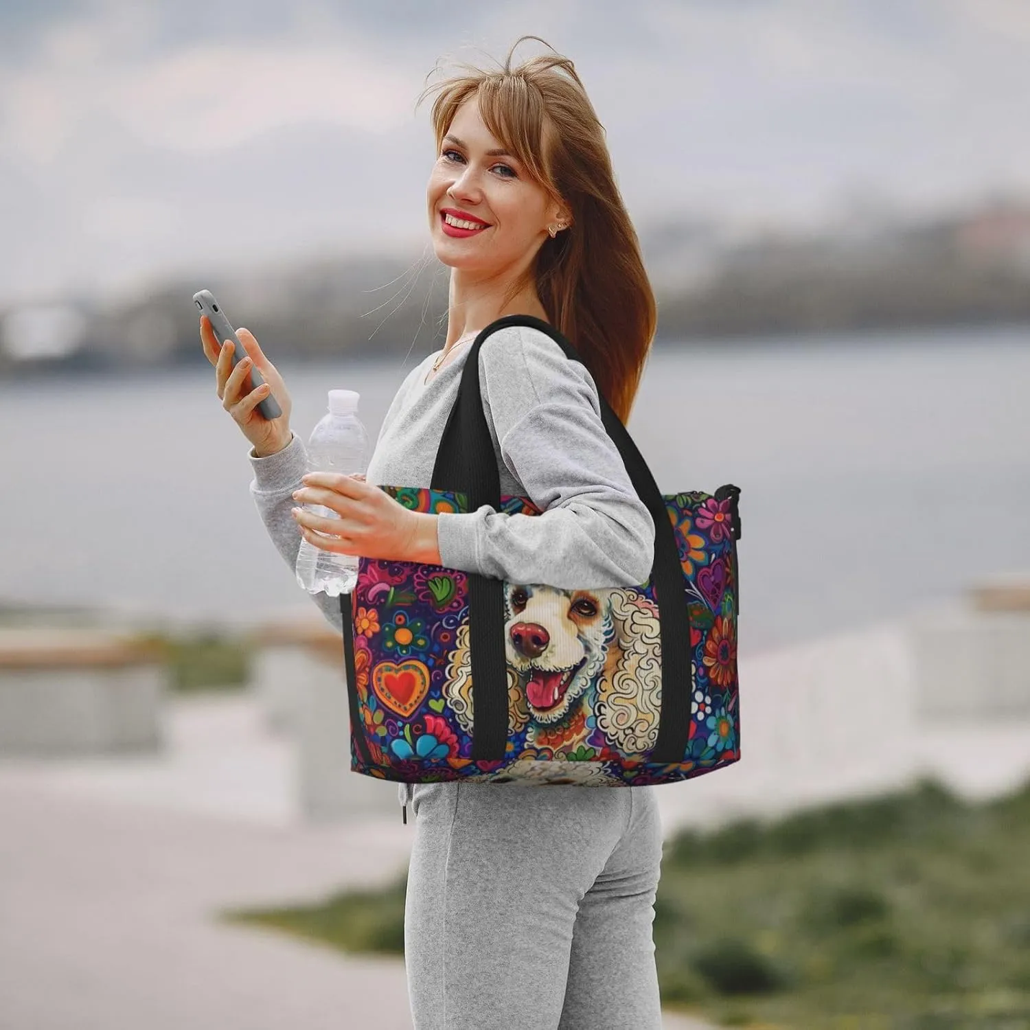 happy poodle colorful flower print Travel Duffel Bag, Sports Tote Gym Bag, Swim Pool Bag Large Shoulder Tote Bag for Beach Weekender, 202-406-121