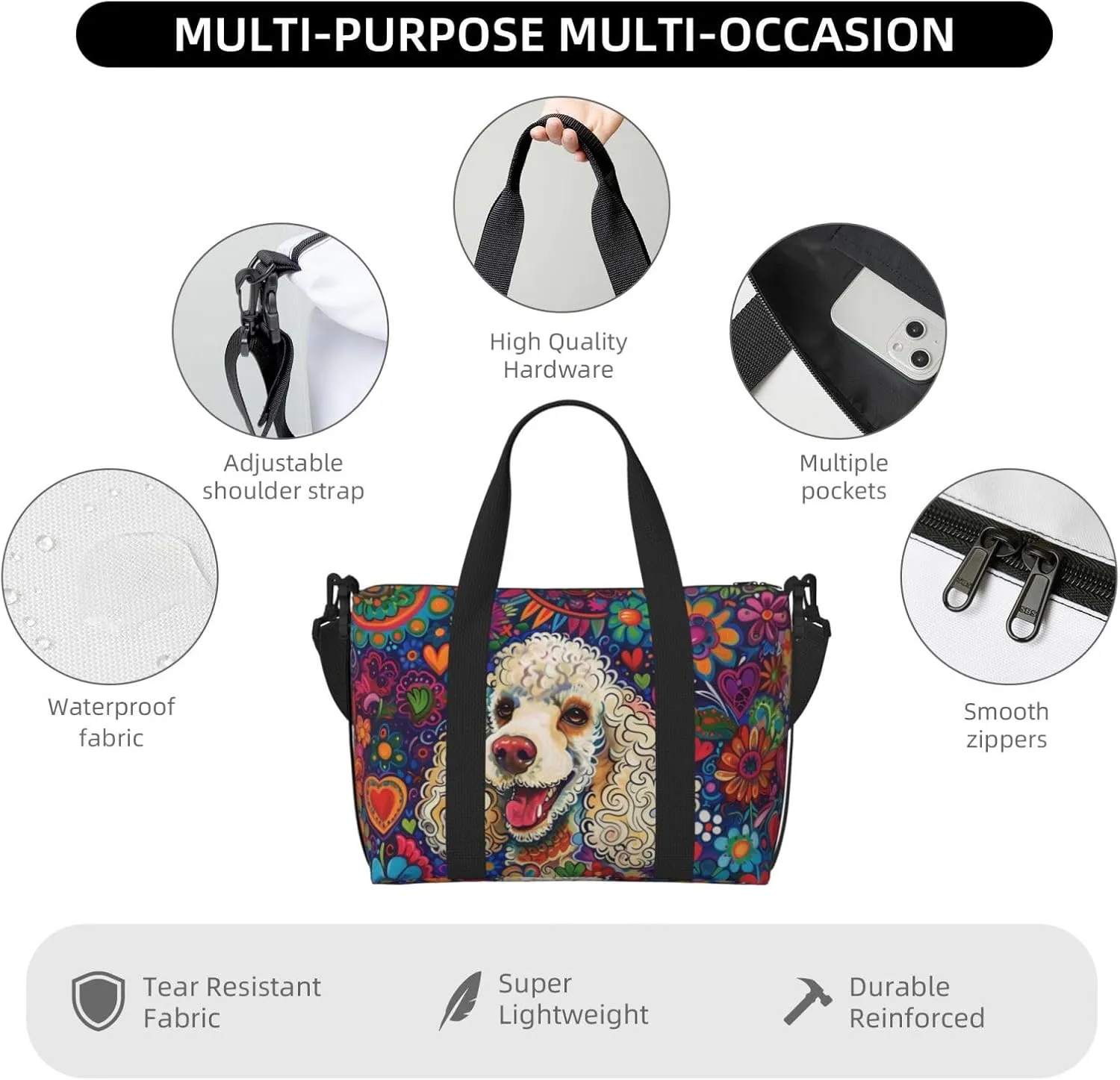 happy poodle colorful flower print Travel Duffel Bag, Sports Tote Gym Bag, Swim Pool Bag Large Shoulder Tote Bag for Beach Weekender, 202-406-121
