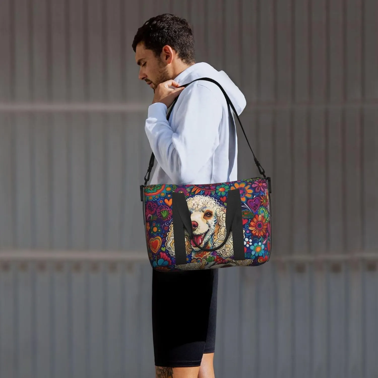 happy poodle colorful flower print Travel Duffel Bag, Sports Tote Gym Bag, Swim Pool Bag Large Shoulder Tote Bag for Beach Weekender, 202-406-121