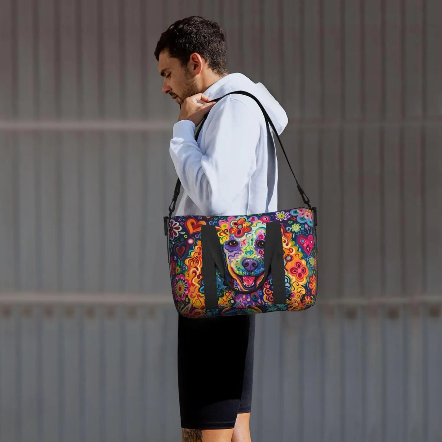 happy poodle flower print Travel Duffel Bag, Sports Tote Gym Bag, Swim Pool Bag Large Shoulder Tote Bag for Beach Weekender, 202-406-121